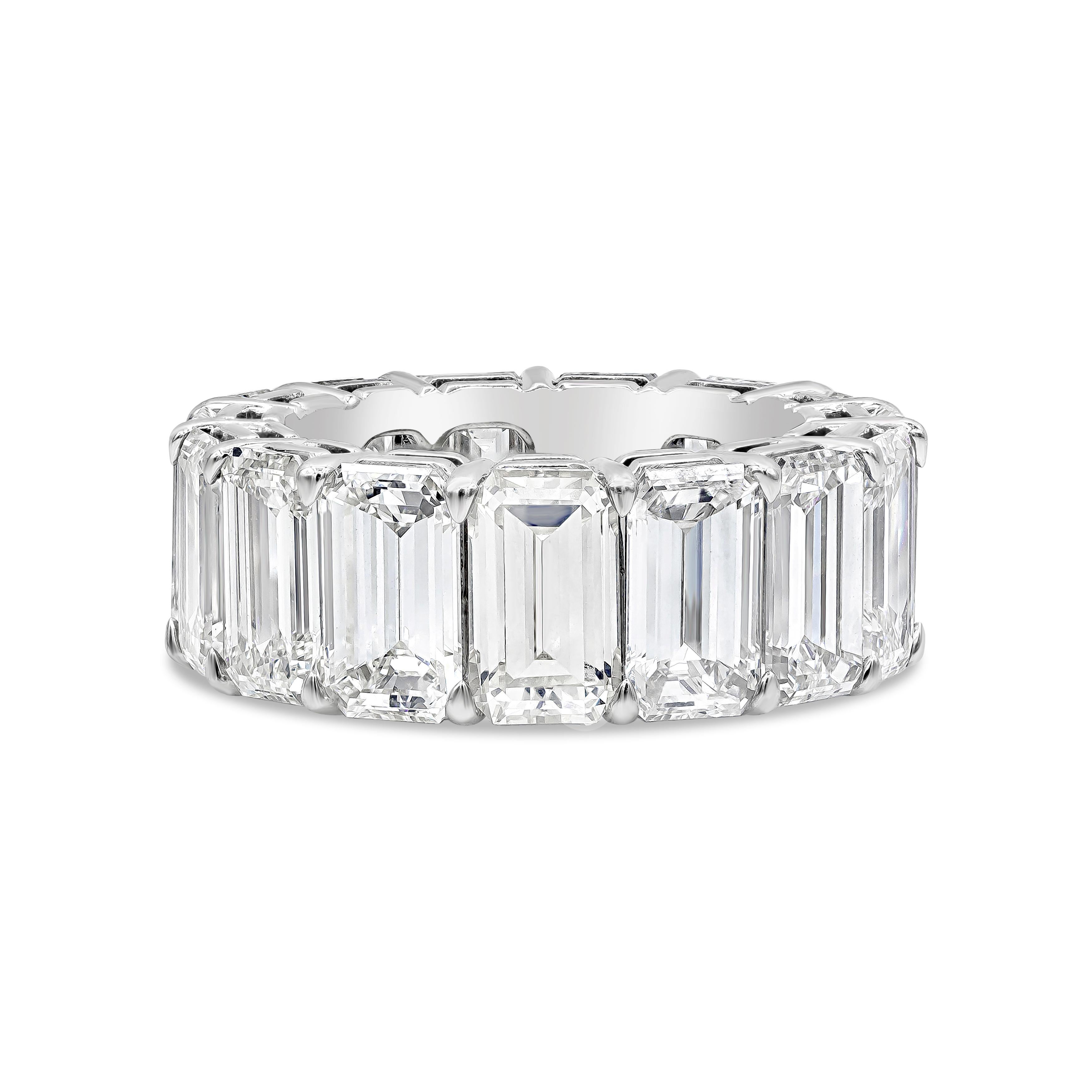 A classic wedding band, showcasing a row of emerald cut diamonds weighing 17.83 carats total, set in an open-gallery mounting made in platinum. Four diamonds accompanied with a GIA report. Diamonds are approximately I-J color, VS clarity and 8.30mm