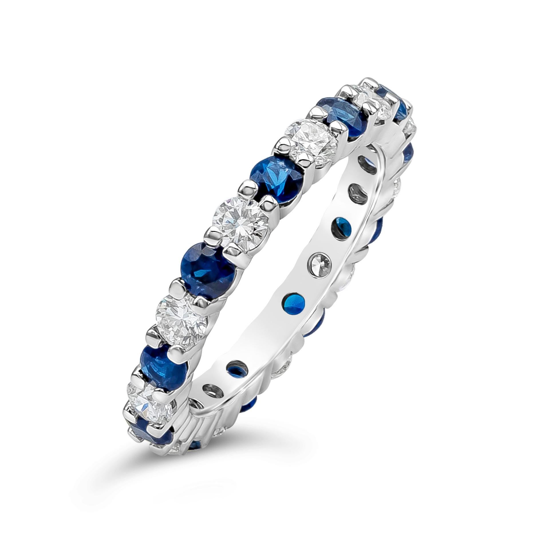 Roman Malakov 1.79 Carat Total Blue Sapphire and Diamond Eternity Wedding Band  In New Condition For Sale In New York, NY