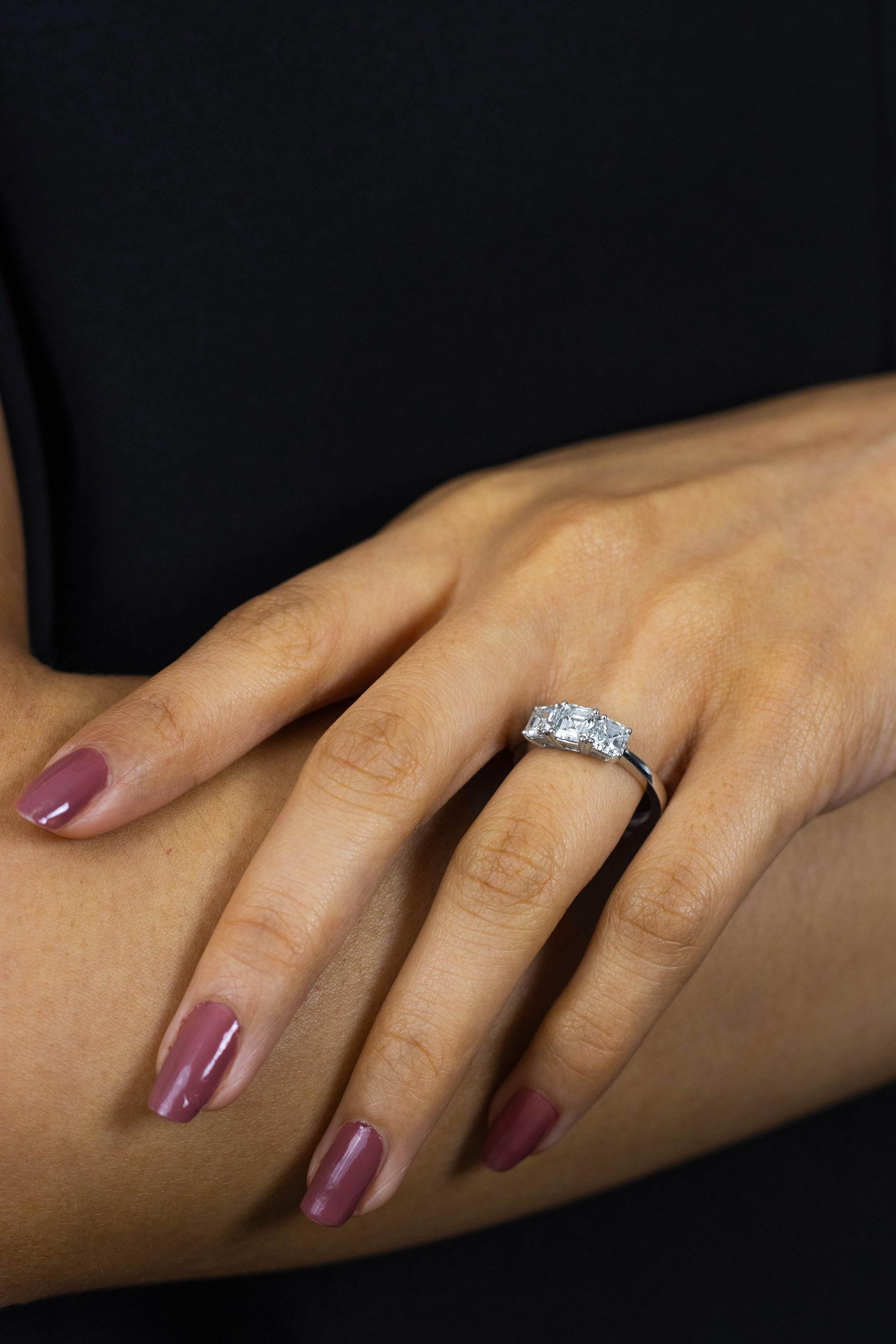 Modern Roman Malakov 1.79 Carats Total Asscher Cut Diamond Three-Stone Engagement Ring For Sale