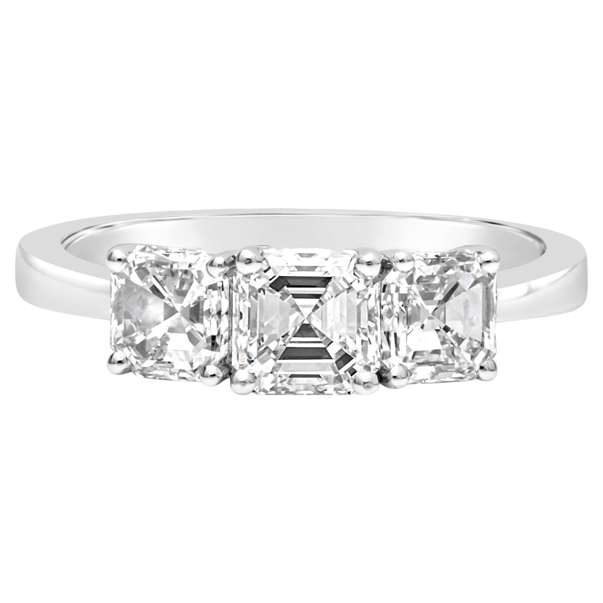 Roman Malakov 1.79 Carats Total Asscher Cut Diamond Three-Stone Engagement Ring For Sale