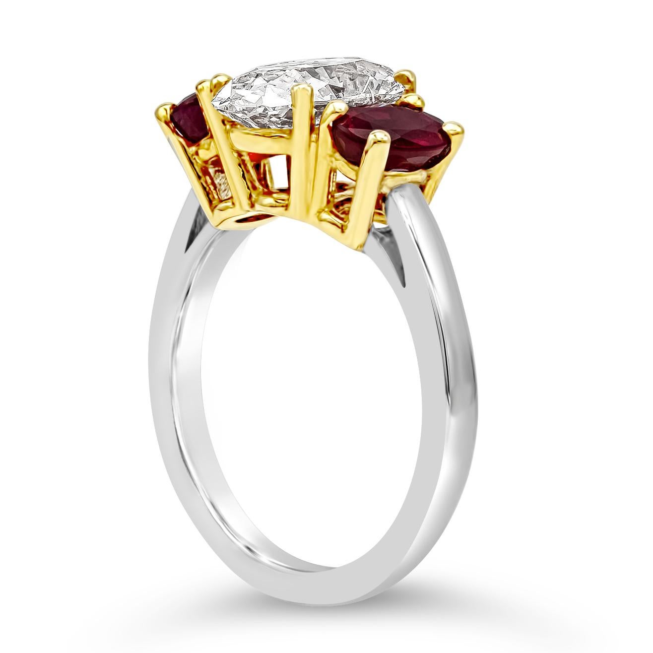 Contemporary Roman Malakov 1.81 Carats Oval Cut Ruby and Diamond Three Stone Engagement Ring For Sale