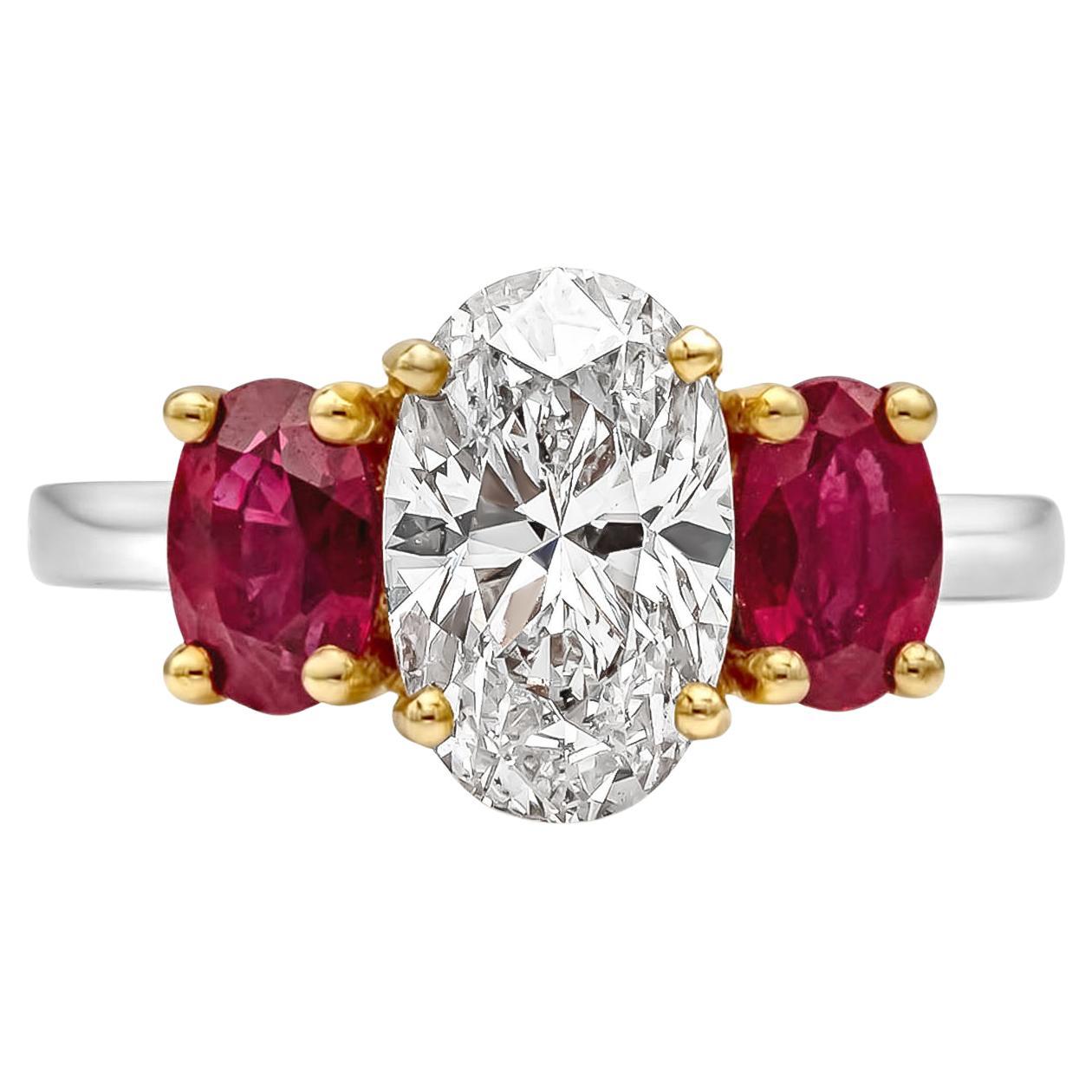 Roman Malakov 1.81 Carats Oval Cut Ruby and Diamond Three Stone Engagement Ring For Sale