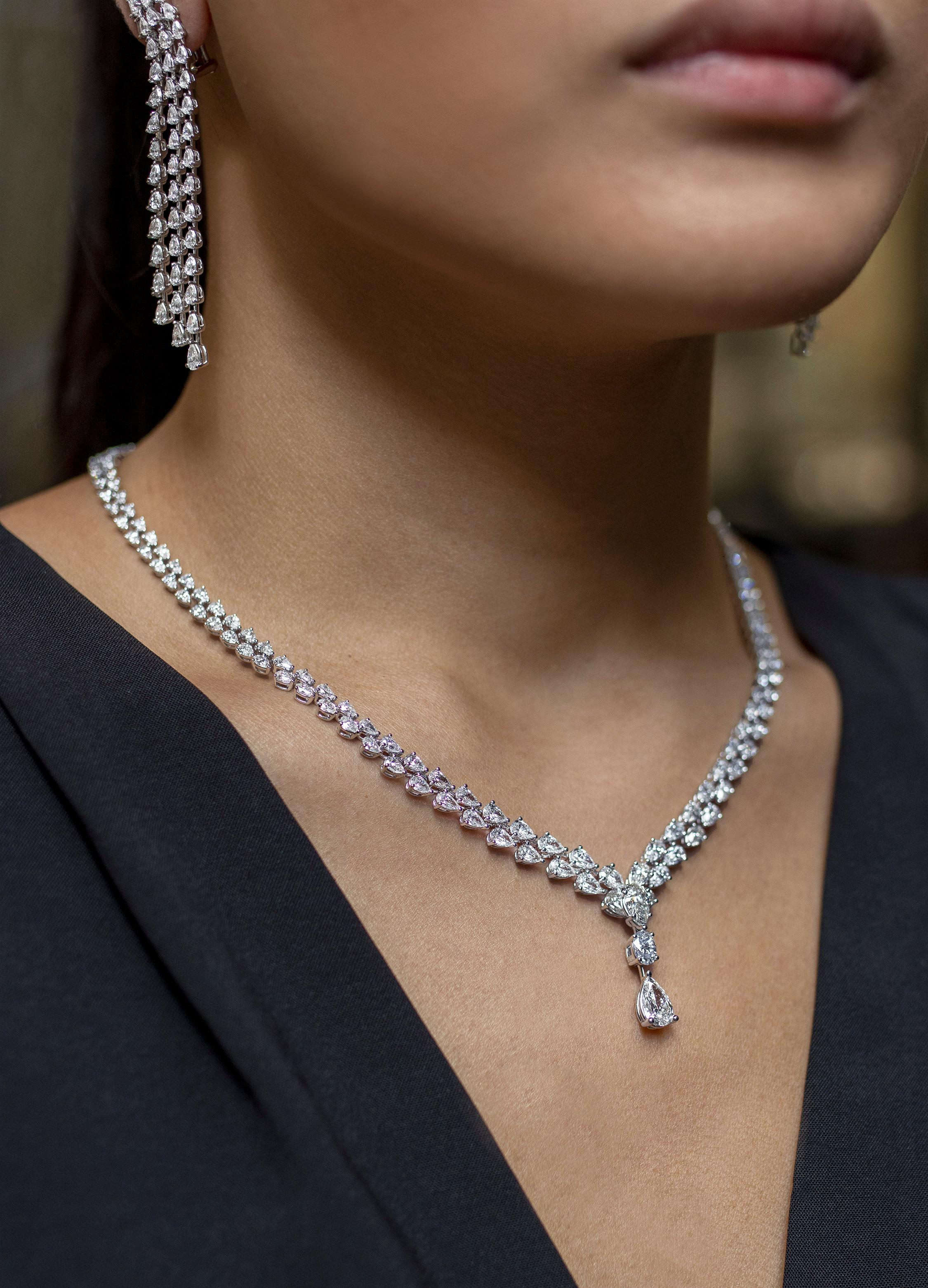 Pear Cut Roman Malakov 18.23 Total Carat Two Row Graduating Pear Shape Diamond Necklace