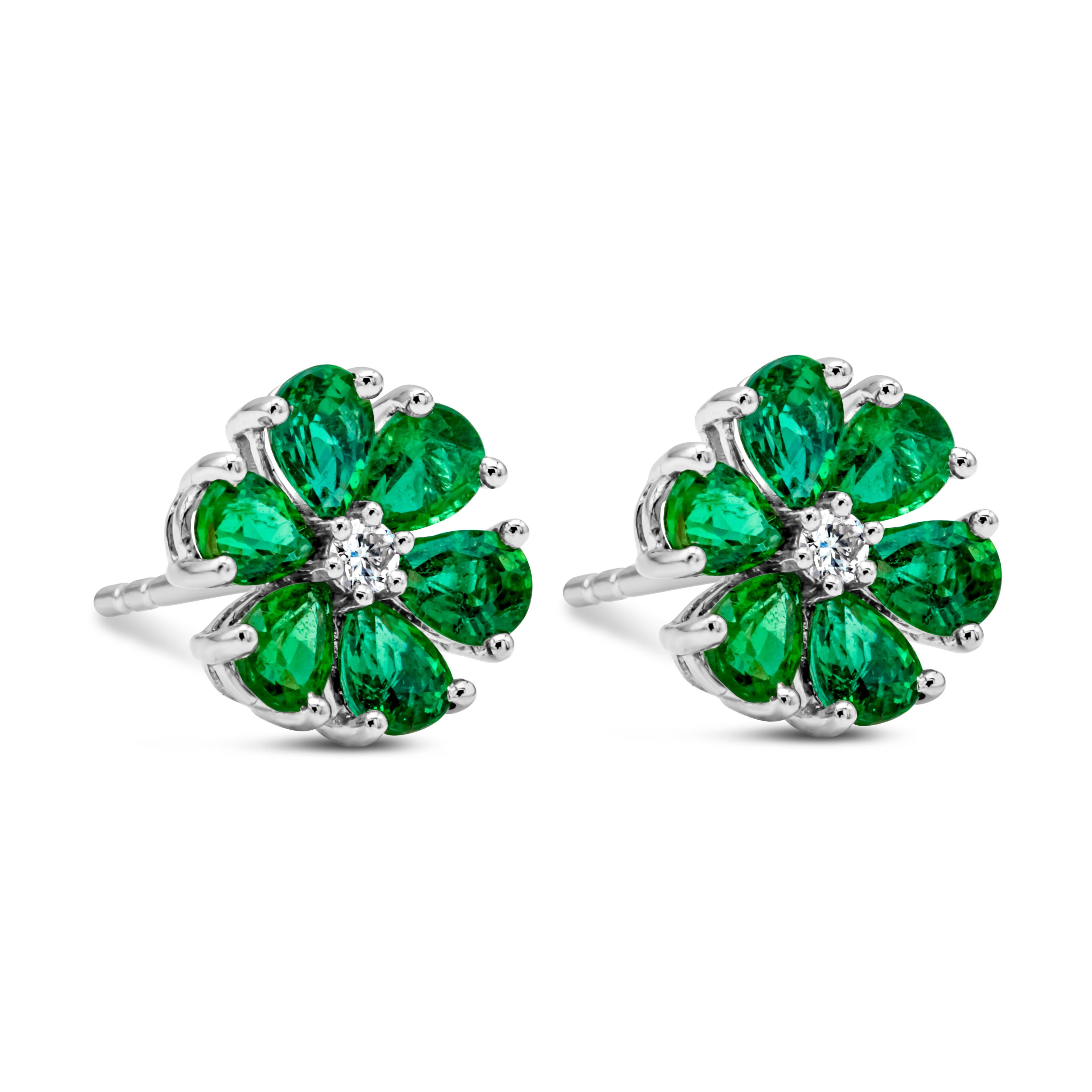 Contemporary Roman Malakov 1.84 Carats Total Pear Shape Green Emerald & Diamond Stud Earrings For Sale