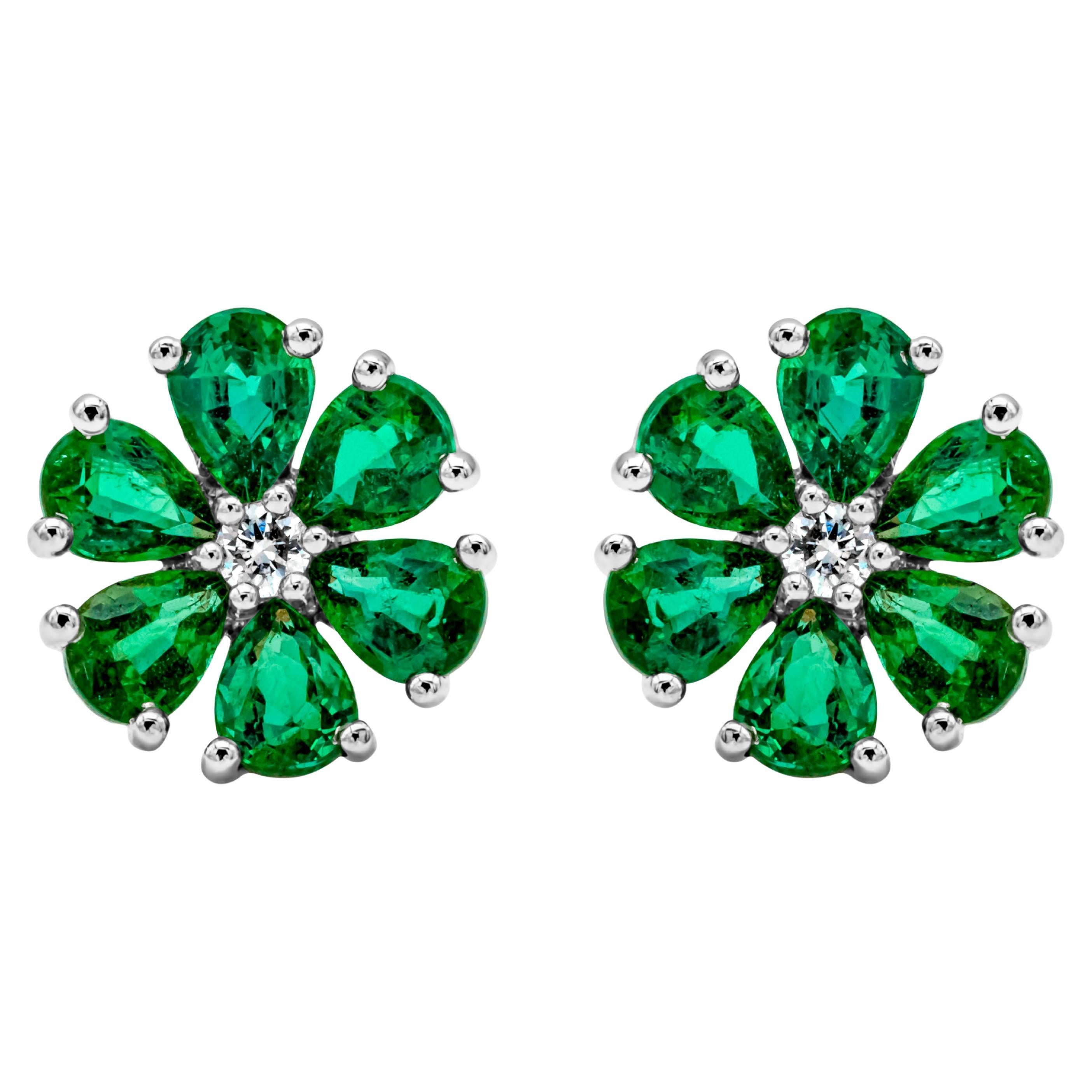 Roman Malakov 1.84 Carats Total Pear Shape Green Emerald & Diamond Stud Earrings For Sale