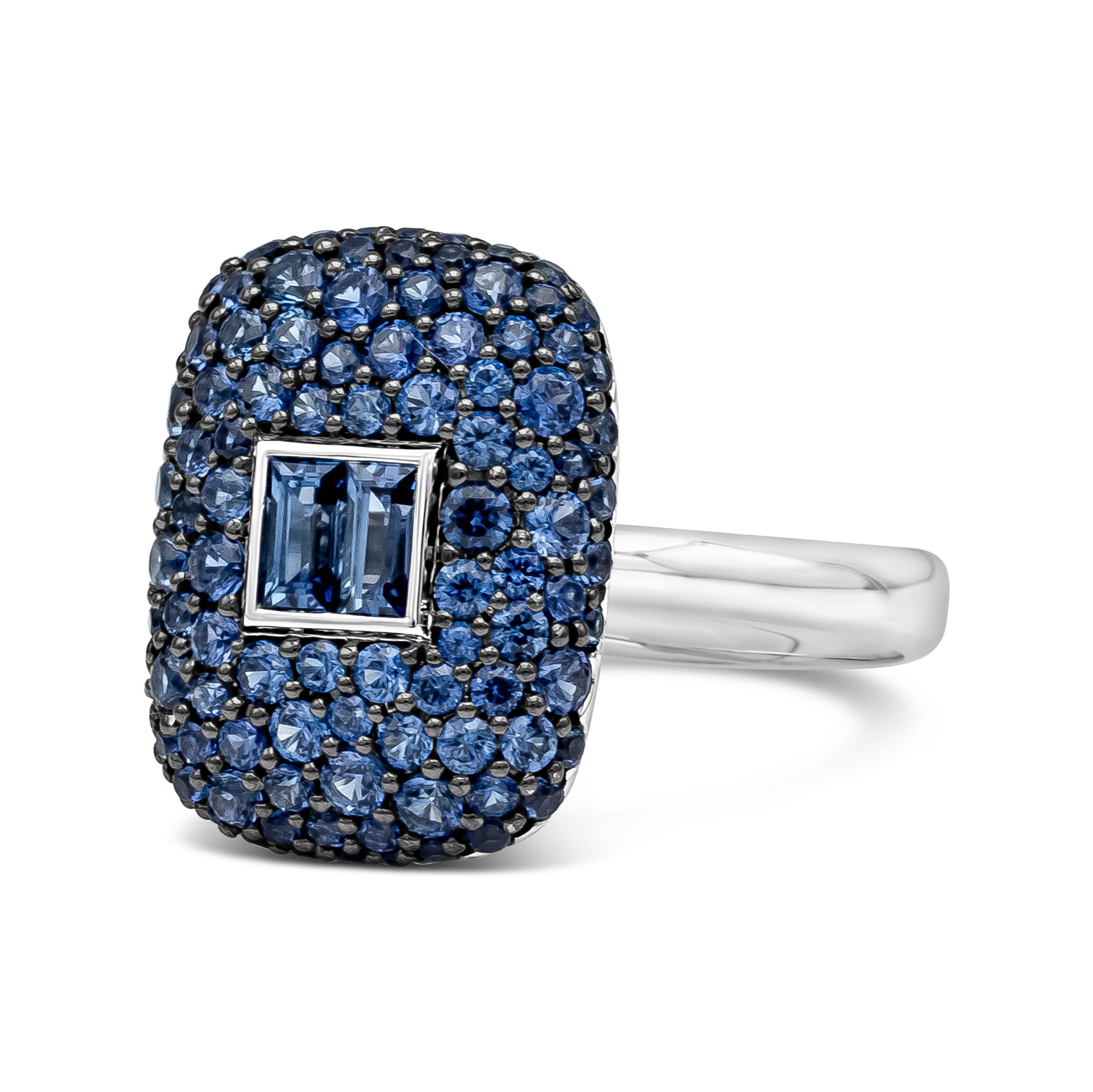 A unique and stylish fashion ring that features a 1.79 carat total of a vibrant mixed baguette and round cut blue sapphires, set in and 18k White Gold mounting. Size 6.5 US. 
Style available in different gem set (Diamond, Tsavorite, Sapphire,