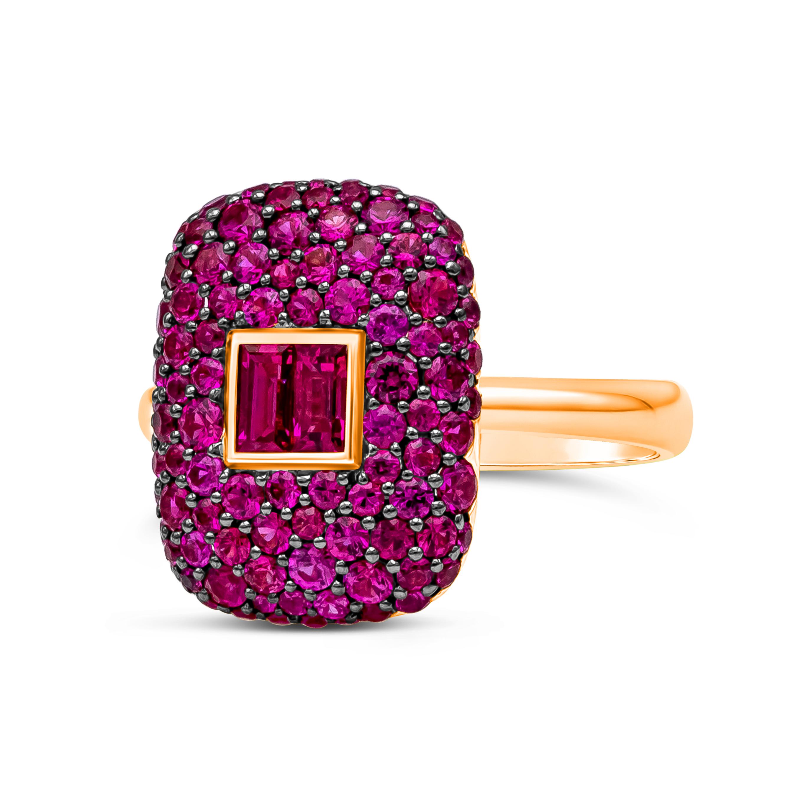 A unique and stylish fashion ring that features a 1.85 carat total of a vibrant mixed baguette and round cut red rubies, set in and 18k Rose Gold mounting. Size 6.5 US.

Style available in different gem set (Diamond, Tsavorite, Sapphire). Prices are
