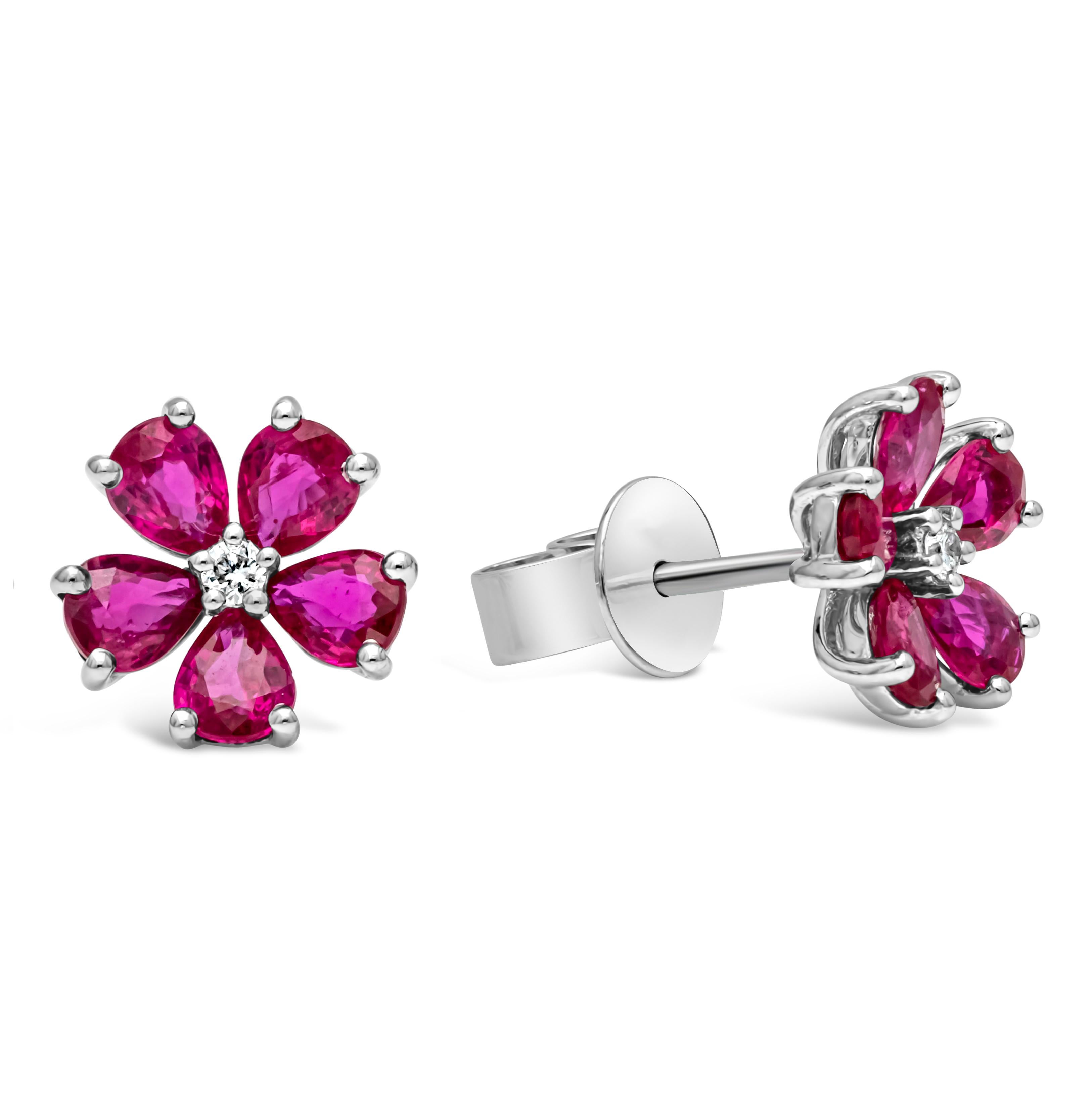Contemporary Roman Malakov 1.86 Carats Total Pear Shape Ruby & Round Diamond Stud Earrings For Sale