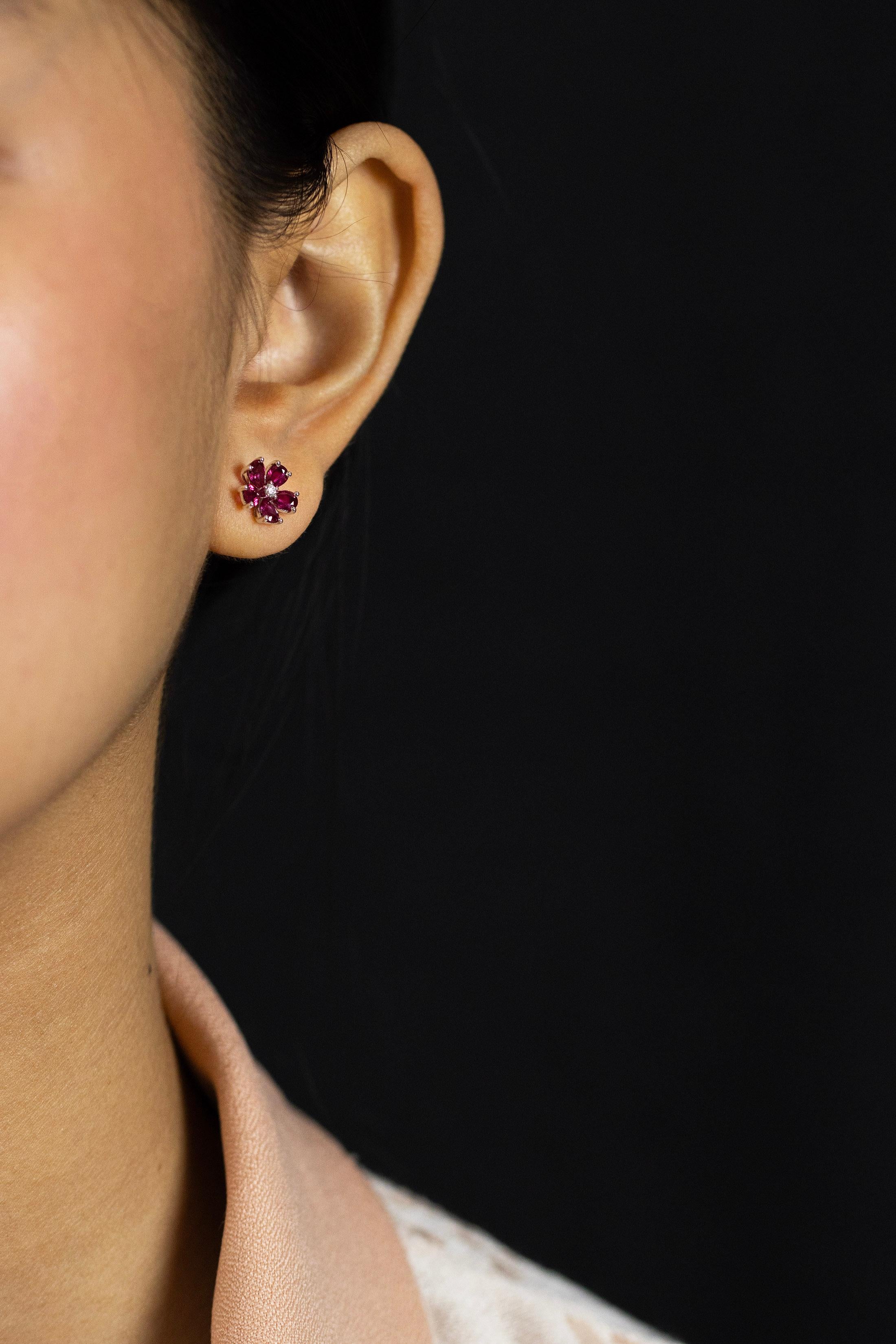 Pear Cut Roman Malakov 1.86 Carats Total Ruby & Diamond Stud Flower Earrings For Sale