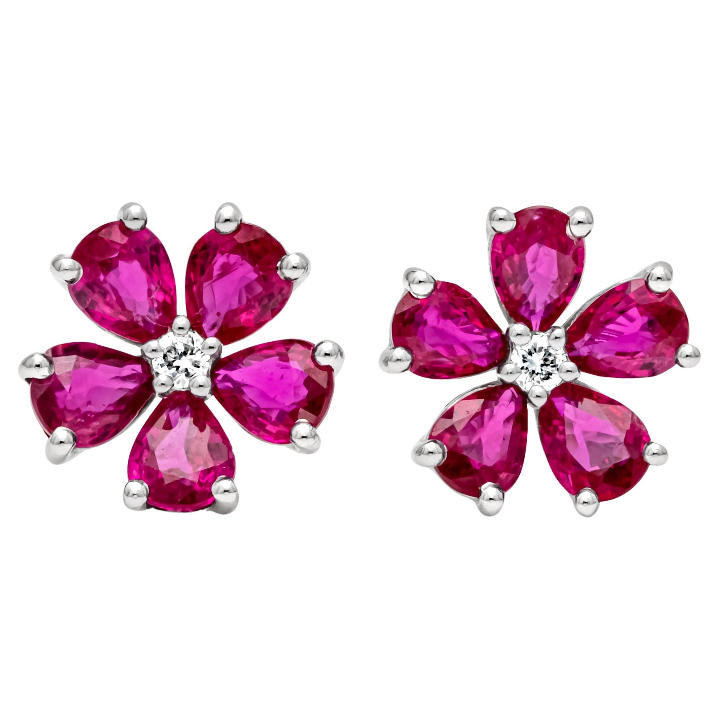 Roman Malakov 1.86 Carats Total Pear Shape Ruby & Round Diamond Stud Earrings