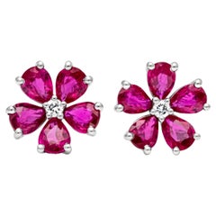Roman Malakov 1.86 Carats Total Ruby & Diamond Stud Flower Earrings
