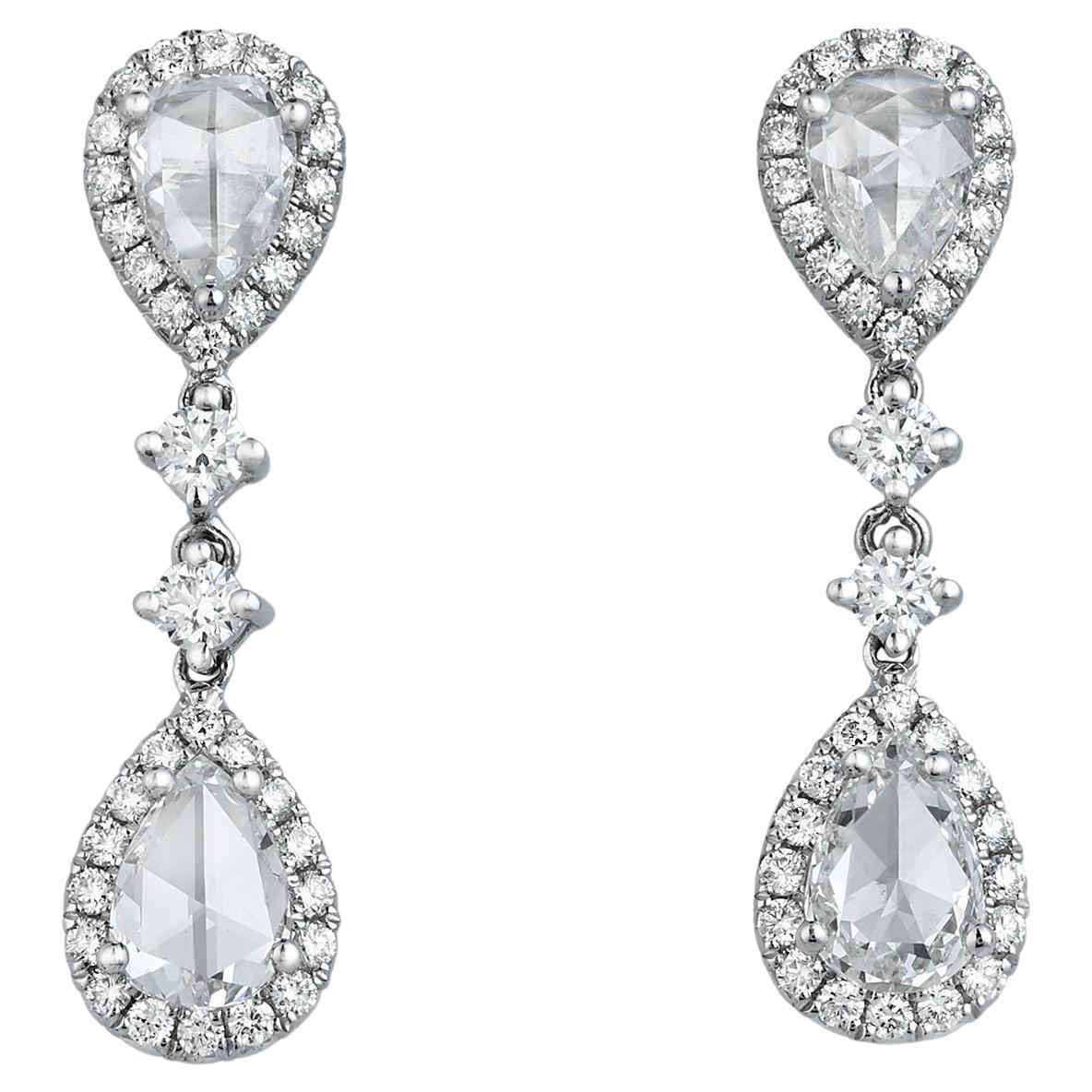 Roman Malakov 1.87 Carats Total Pear Shape Rose Cut Diamond Dangle Earrings For Sale