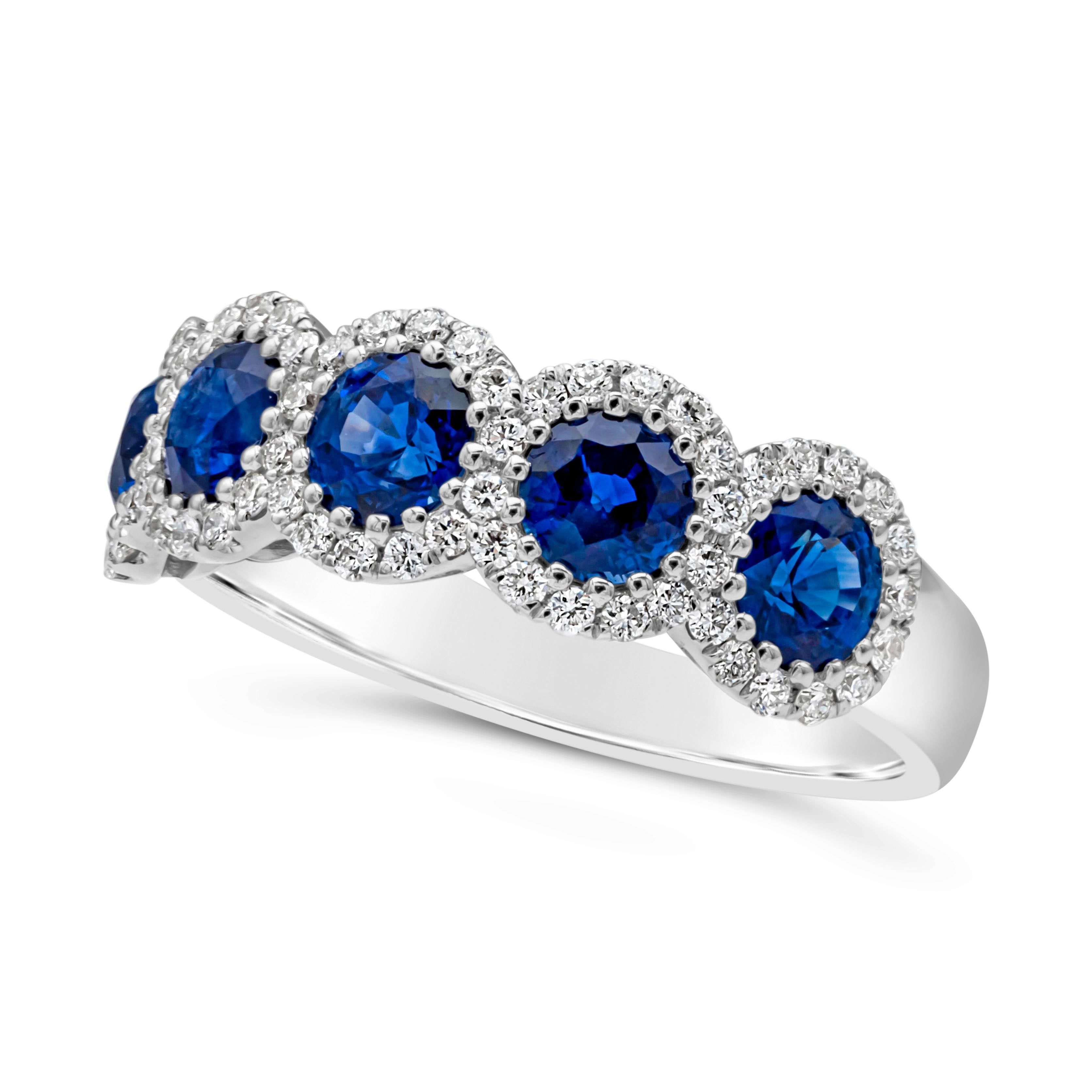Contemporary Roman Malakov 1.88 Carats Total Round Cut Blue Sapphire & Diamond Wedding Band For Sale