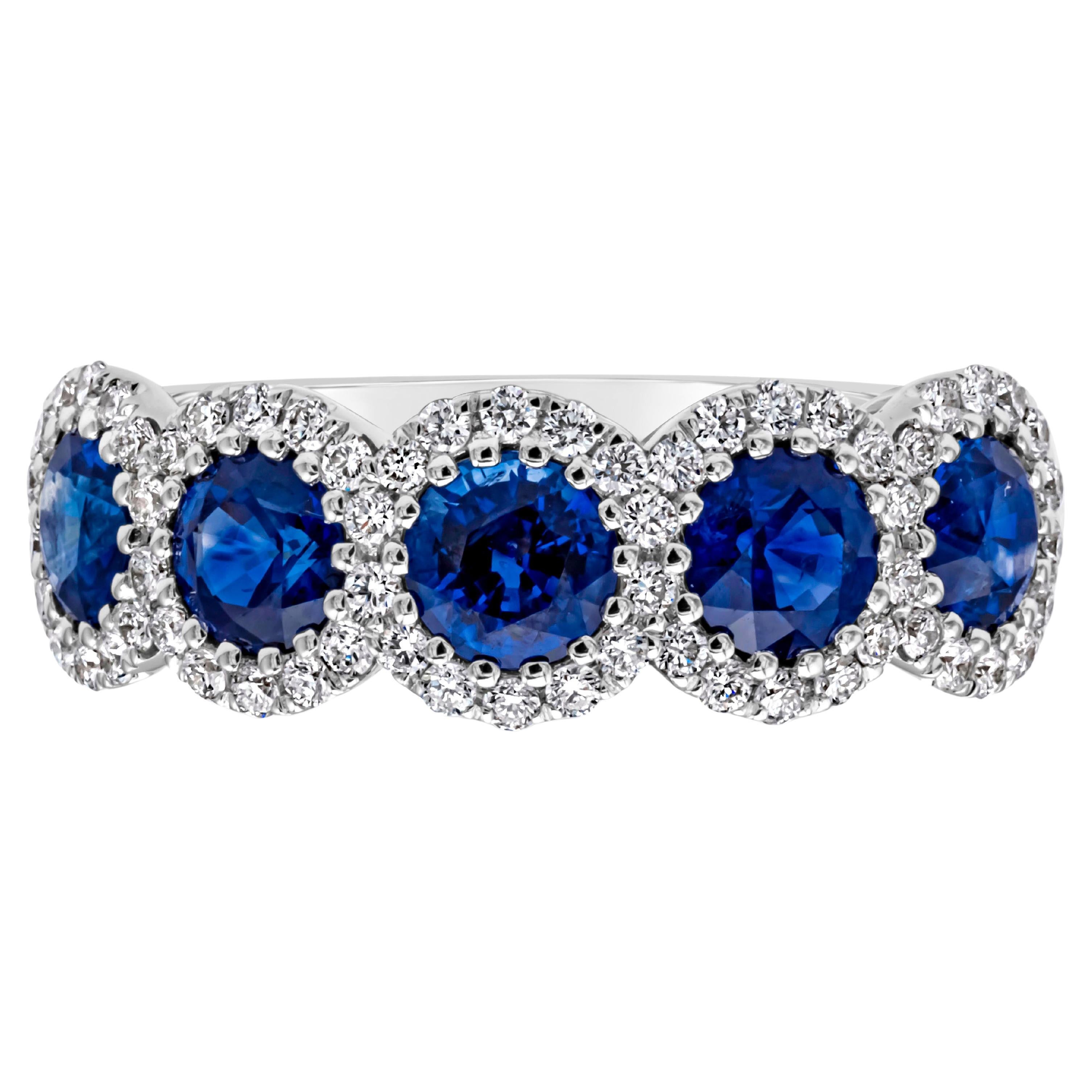 Roman Malakov 1.88 Carats Total Round Cut Blue Sapphire & Diamond Wedding Band For Sale