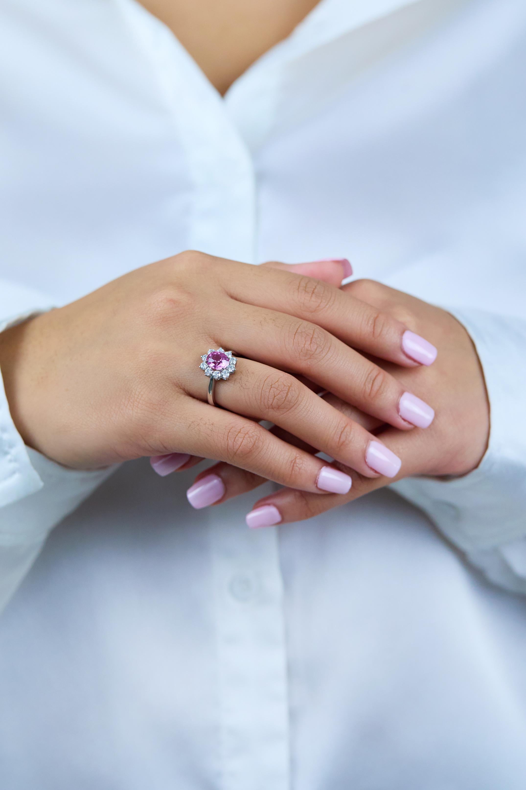 Roman Malakov 1.89 Carats Oval Cut Pink Sapphire & Diamond Halo Engagement Ring For Sale 2