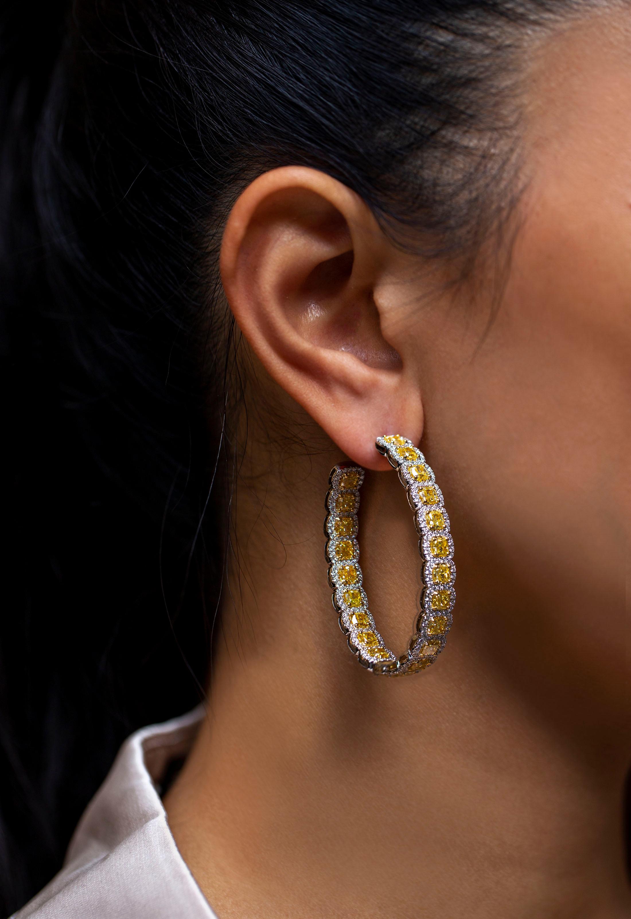 Contemporary Roman Malakov, 18.97 Carat Total Yellow and White Diamond Oval Hoop Earrings For Sale