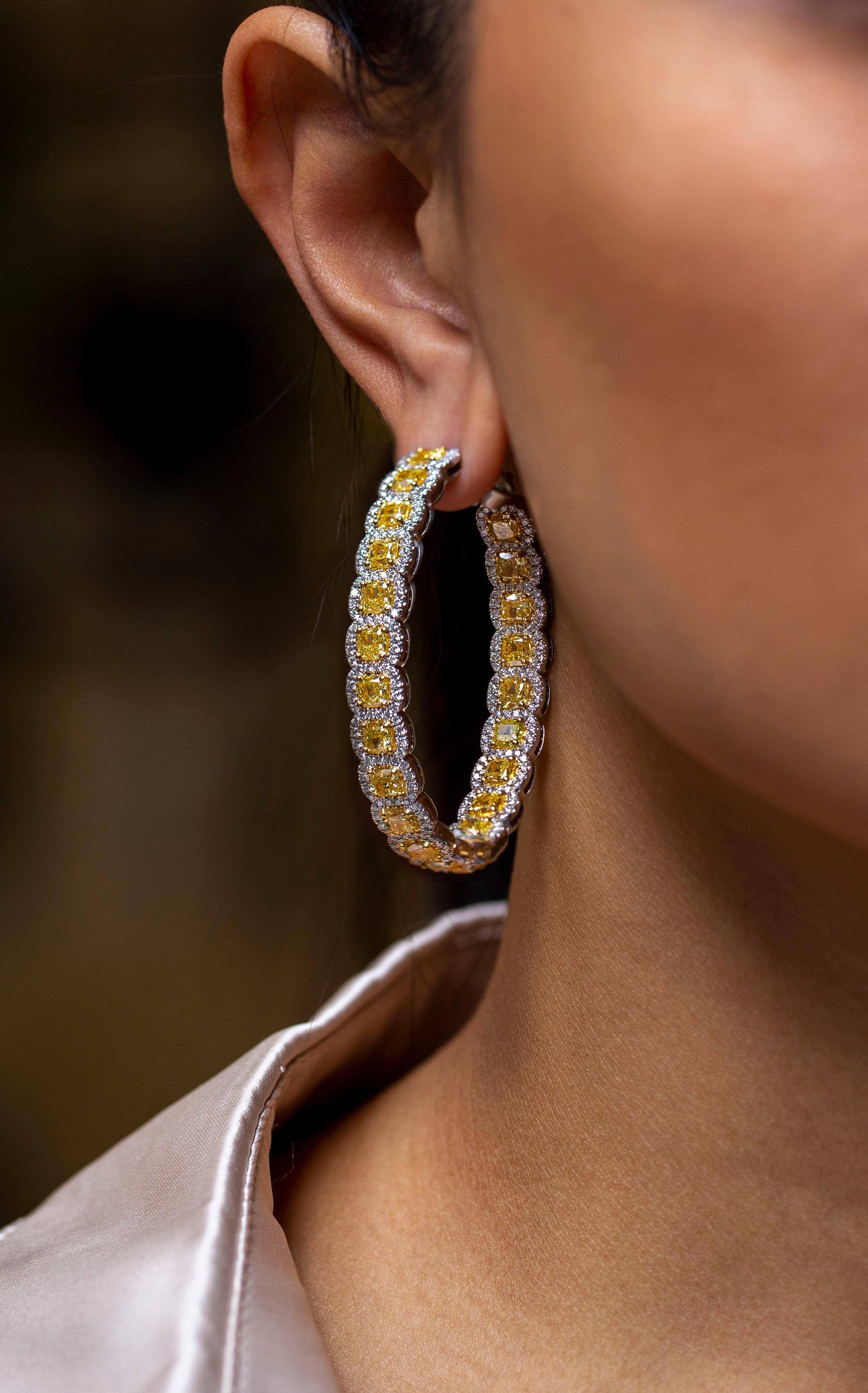 Radiant Cut Roman Malakov, 18.97 Carat Total Yellow and White Diamond Oval Hoop Earrings For Sale