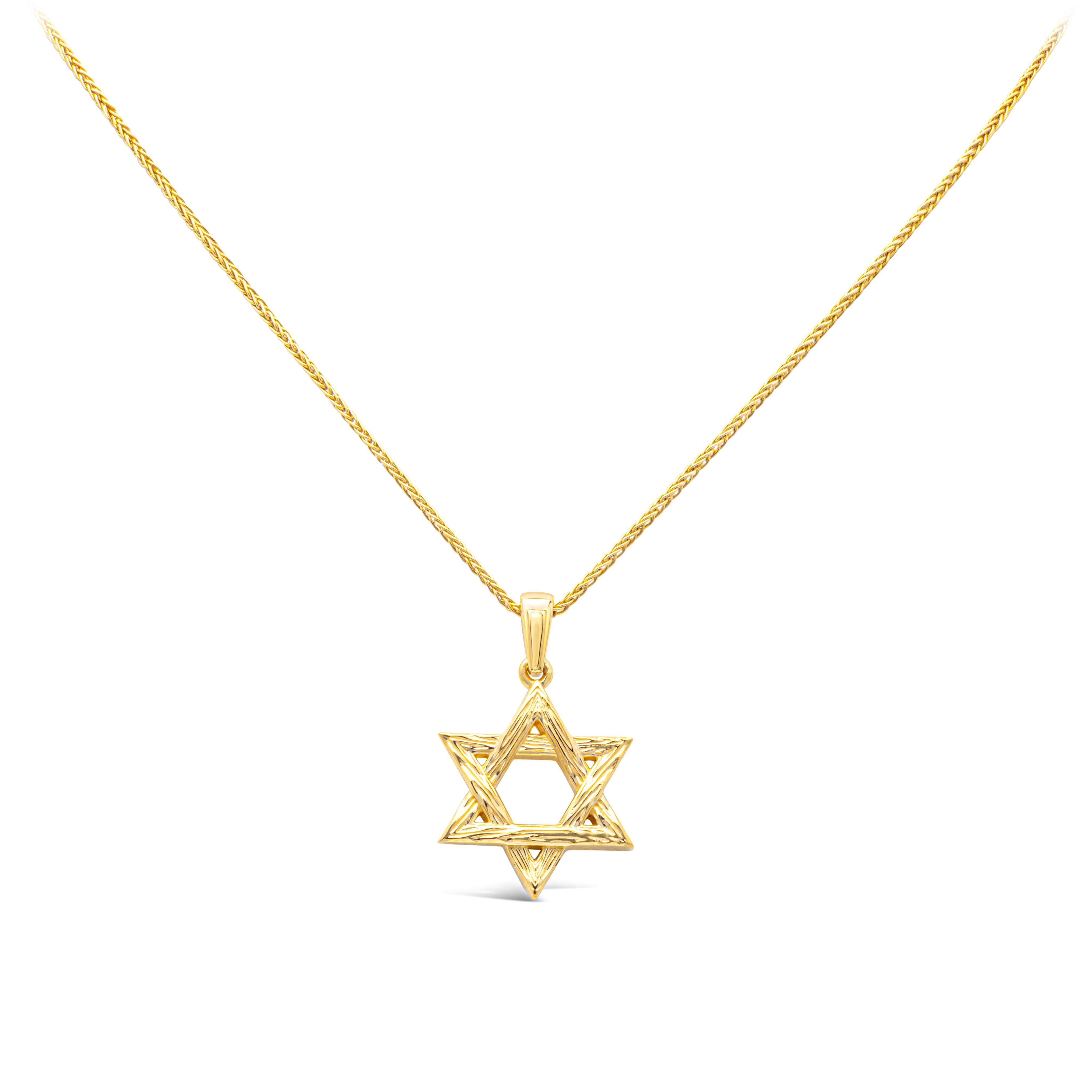 Showcasing an 18k yellow gold traditional religious star of David pendant necklace, suspended on an adjustable yellow gold wheat chain.

Style available in different price ranges. Prices are based on your selection. Please contact us for more