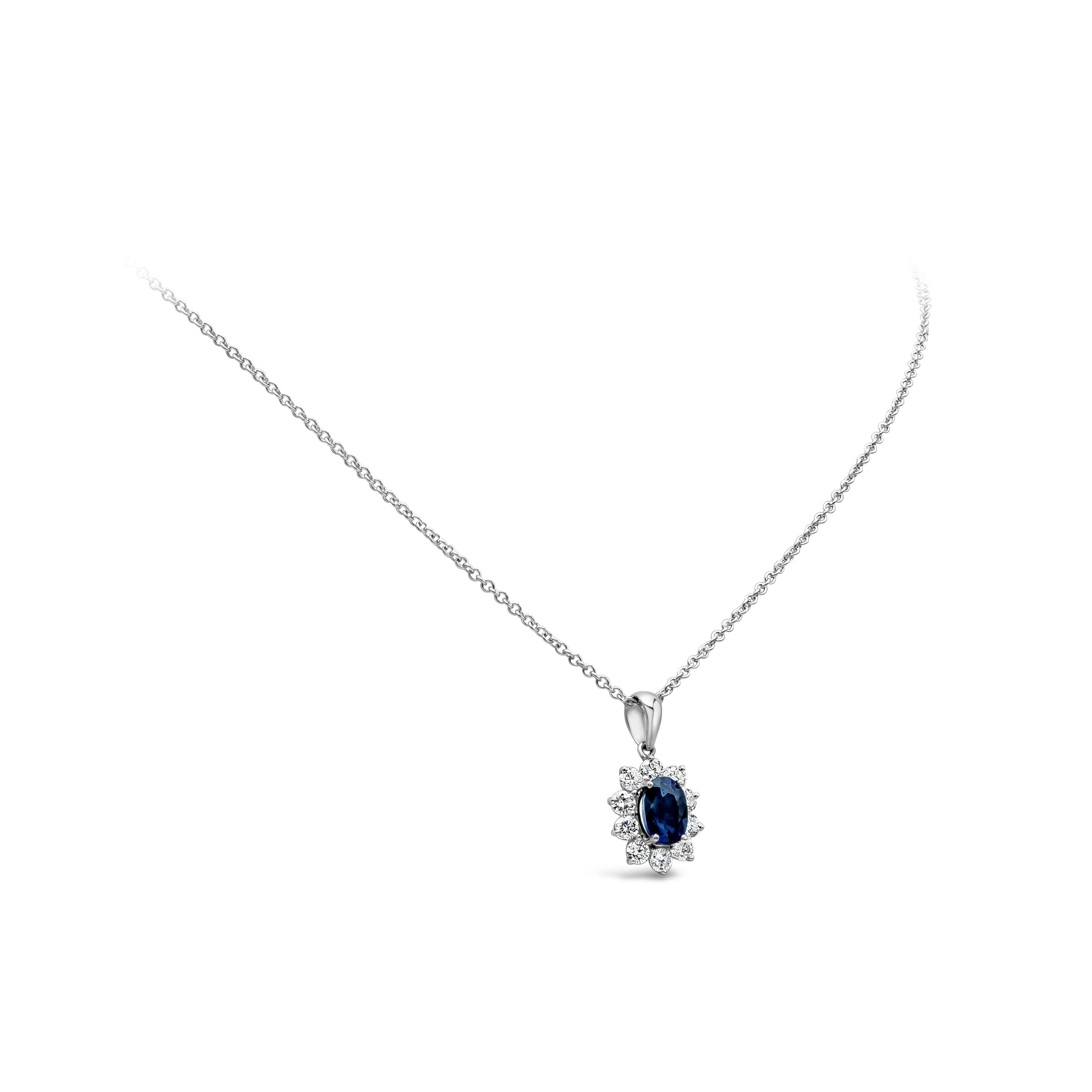 Contemporary Roman Malakov 1.90 Carat Blue Sapphire and Diamond Pendant Necklace For Sale