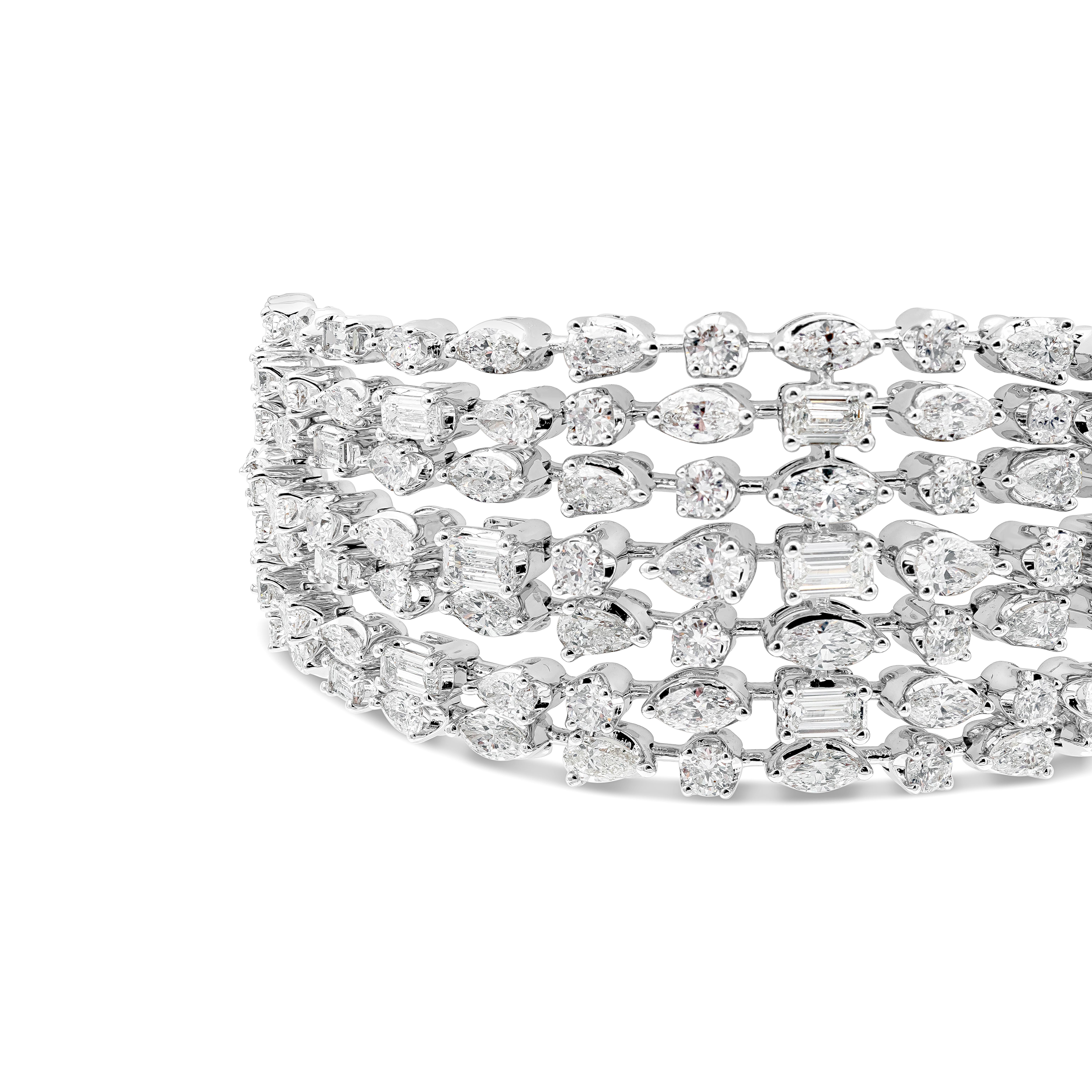 Contemporary Roman Malakov 19.24 Total Carat Seven Strand Multi Shape Diamond Wide Bracelet For Sale