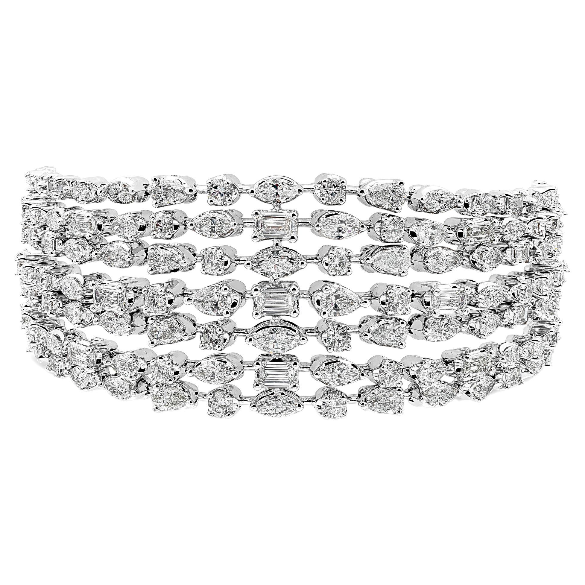 Roman Malakov 19.24 Total Carat Seven Strand Multi Shape Diamond Wide Bracelet For Sale