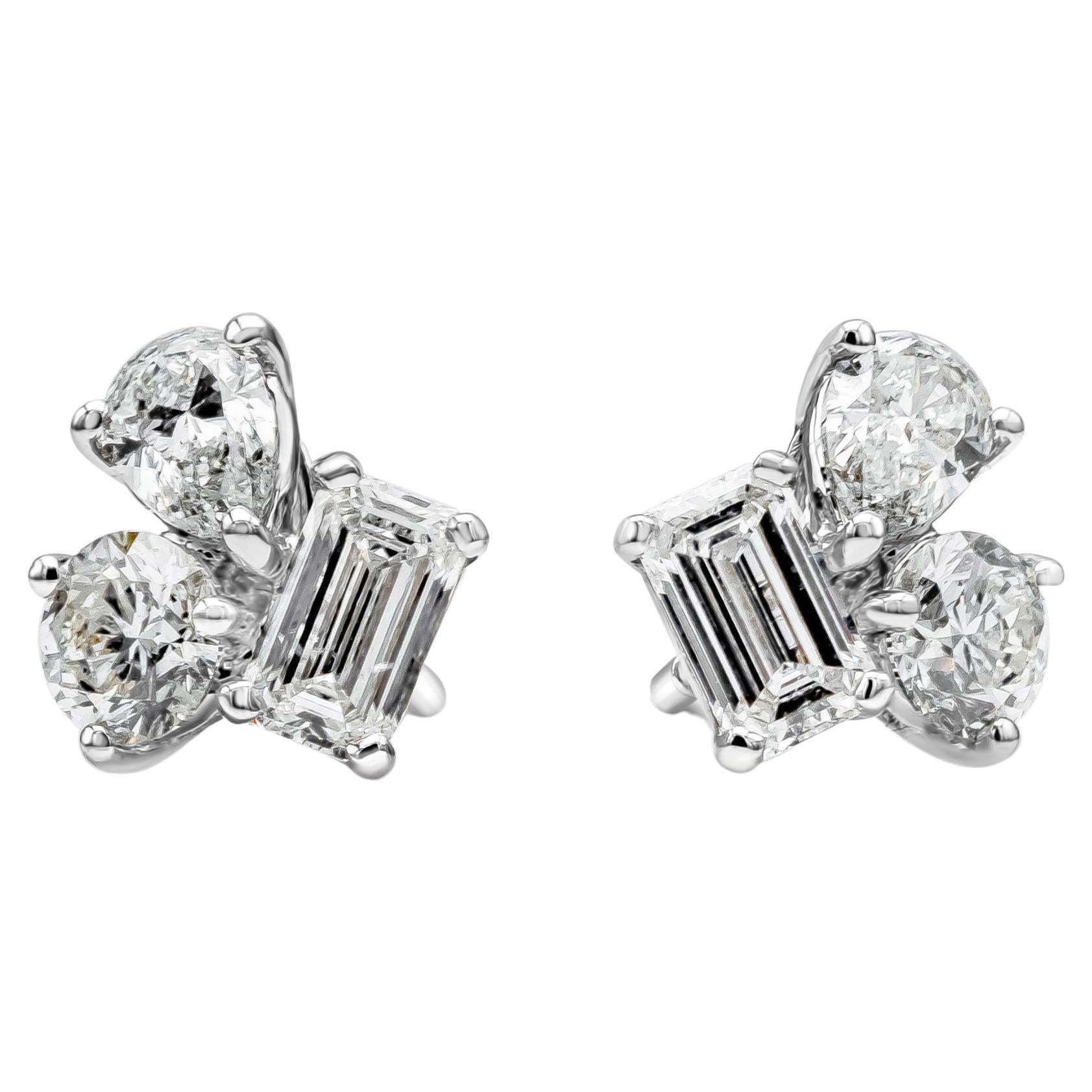 Roman Malakov 1.93 Carats Total Mixed Cut Diamond Three-Stone Stud Earrings  For Sale