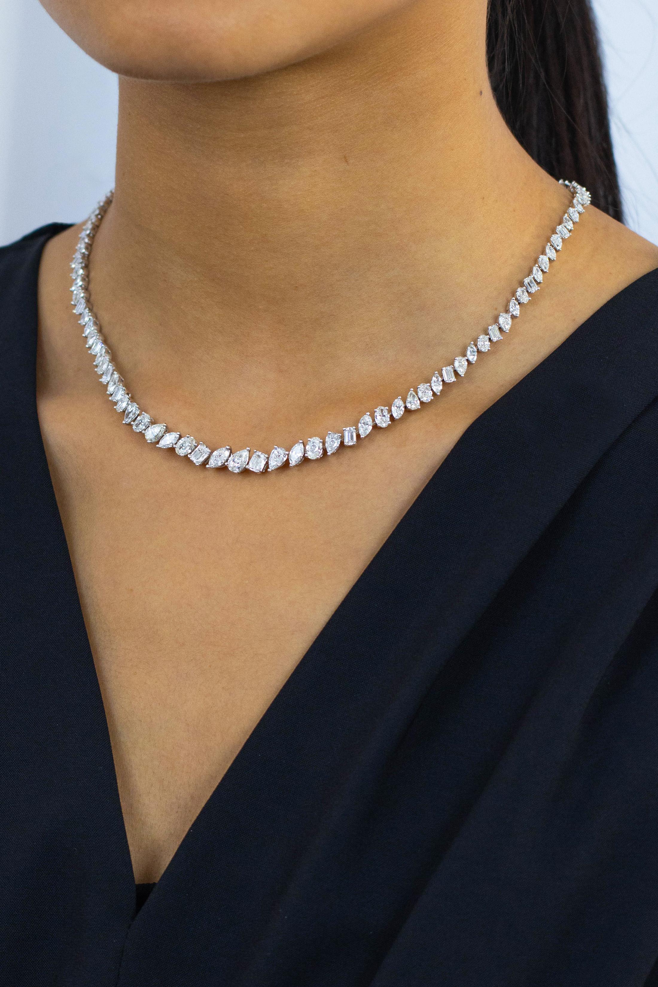 Women's Roman Malakov 19.38 Carats Total Fancy Shape Mixed Cut Diamond Riviere Necklace For Sale