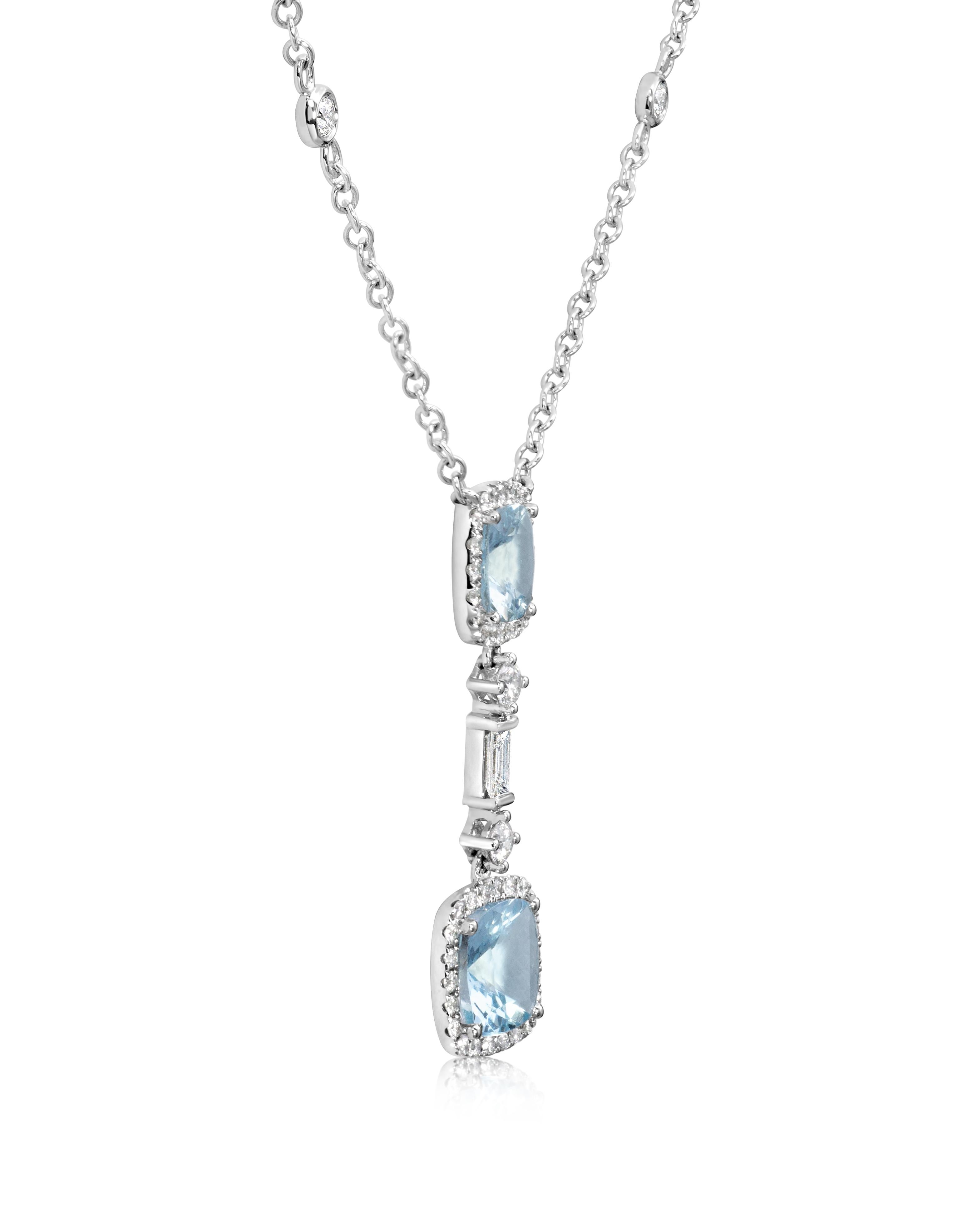 Contemporary Roman Malakov 1.96 Carats Aquamarine & Diamond Halo Necklace in White Gold For Sale