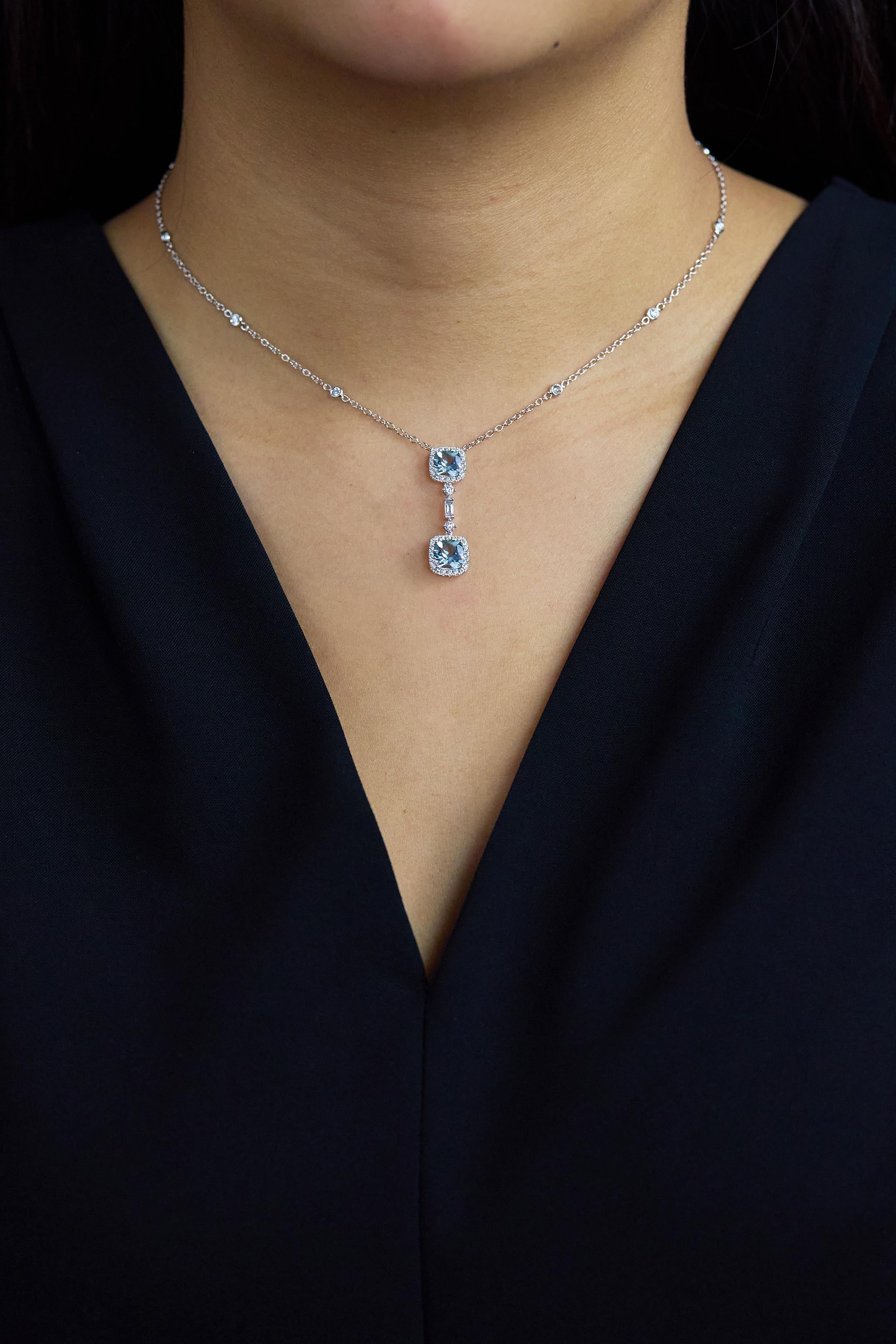 Cushion Cut Roman Malakov 1.96 Carats Aquamarine & Diamond Halo Necklace in White Gold For Sale