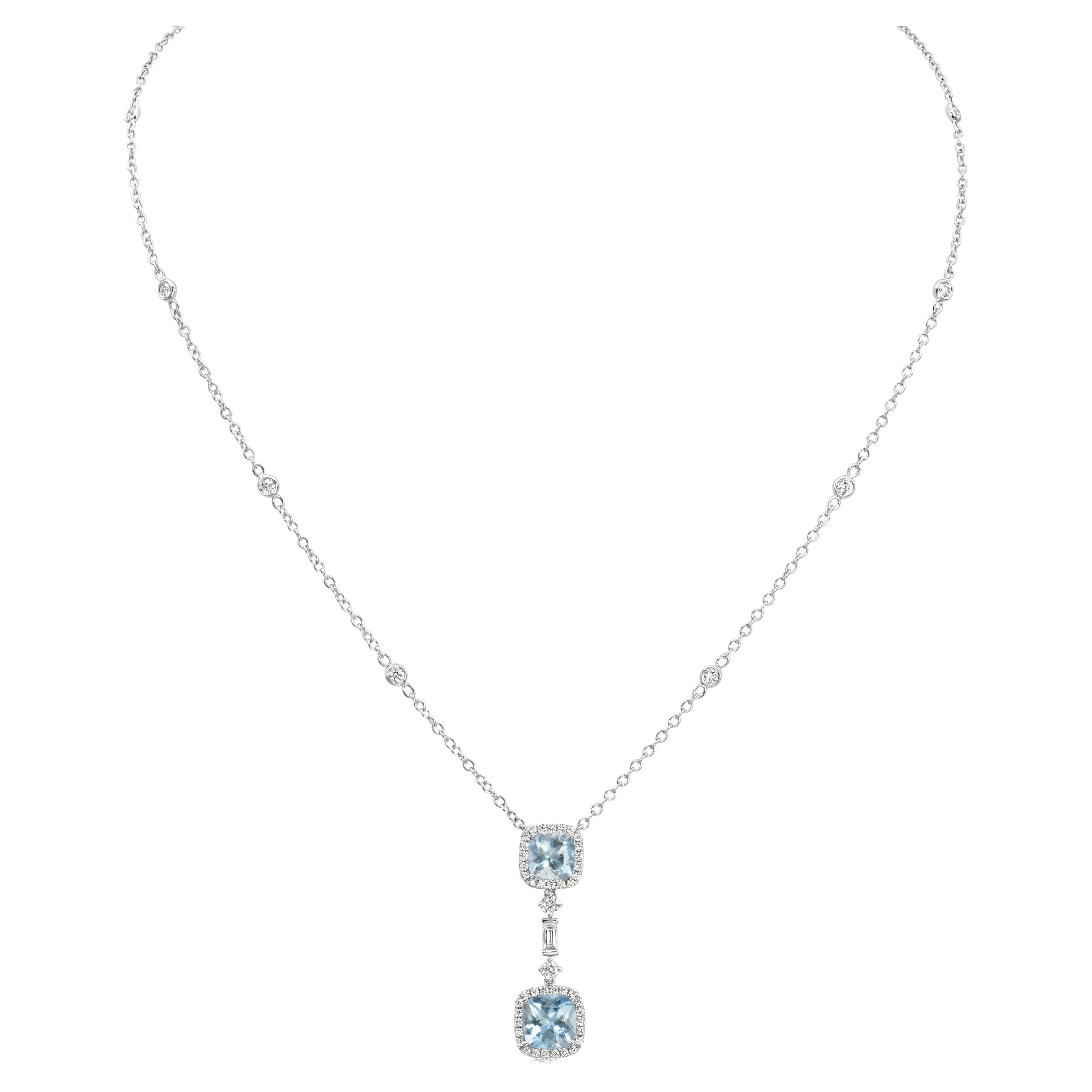 Roman Malakov 1.96 Carats Aquamarine & Diamond Halo Necklace in White Gold For Sale