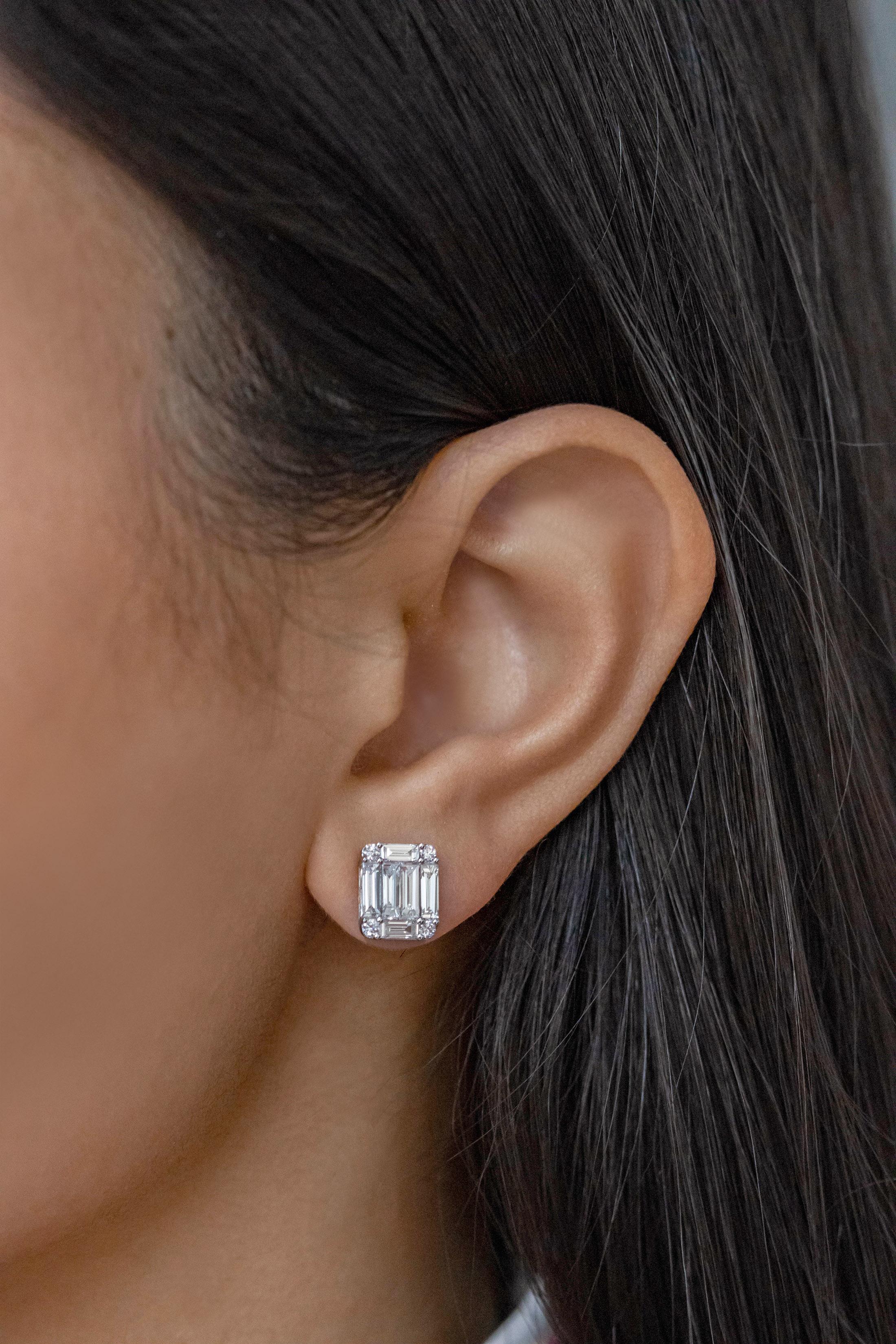 Roman Malakov 1.96 Carats Total Baguette and Round Diamond Cluster Stud Earrings For Sale 3
