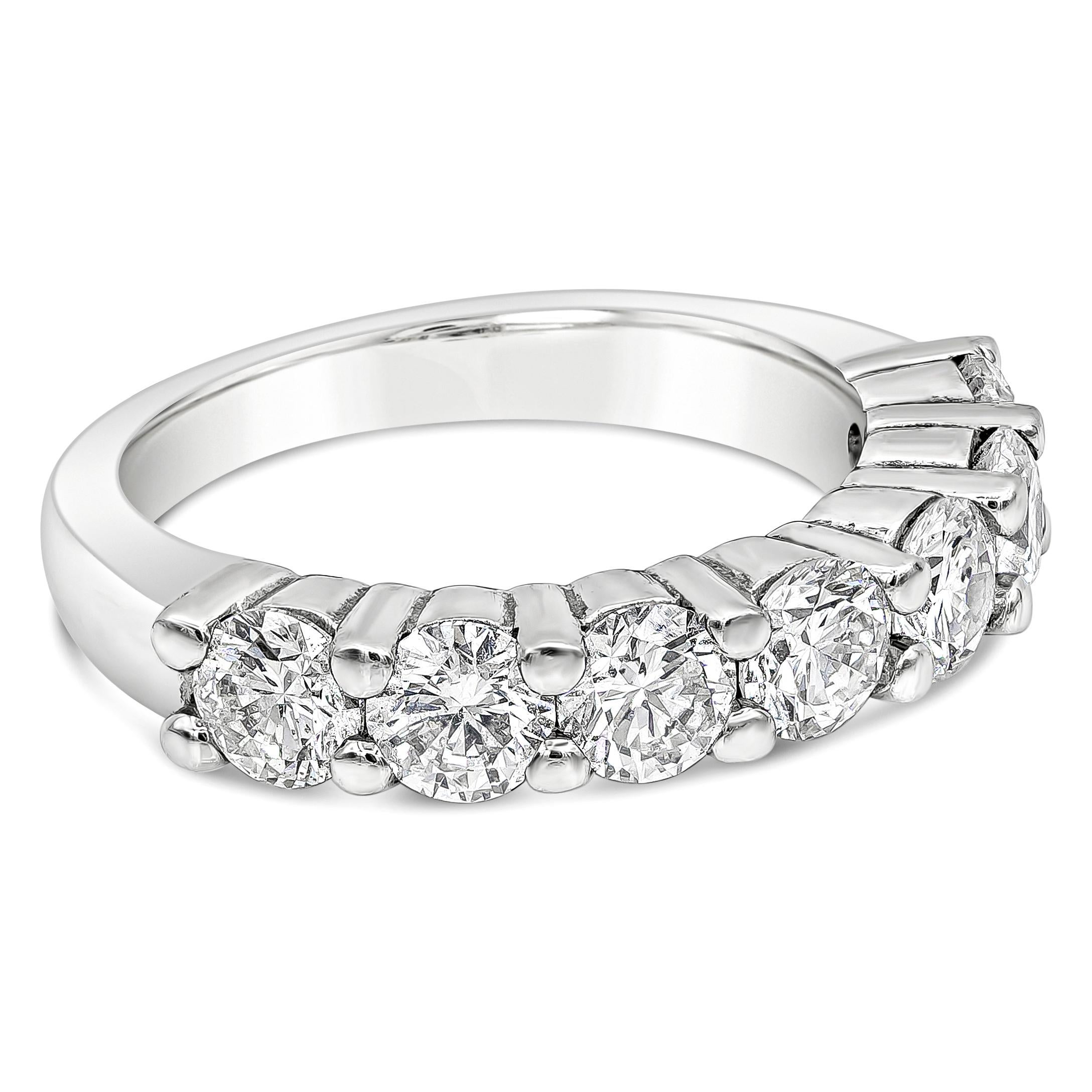 This classic ring style showcases seven brilliant round cut diamonds weighing 2.01 carats total. Set in a two prong shared setting, Made with 14K White Gold, Size 6.25 US

Style available in different price ranges. Prices are based on diamond size,