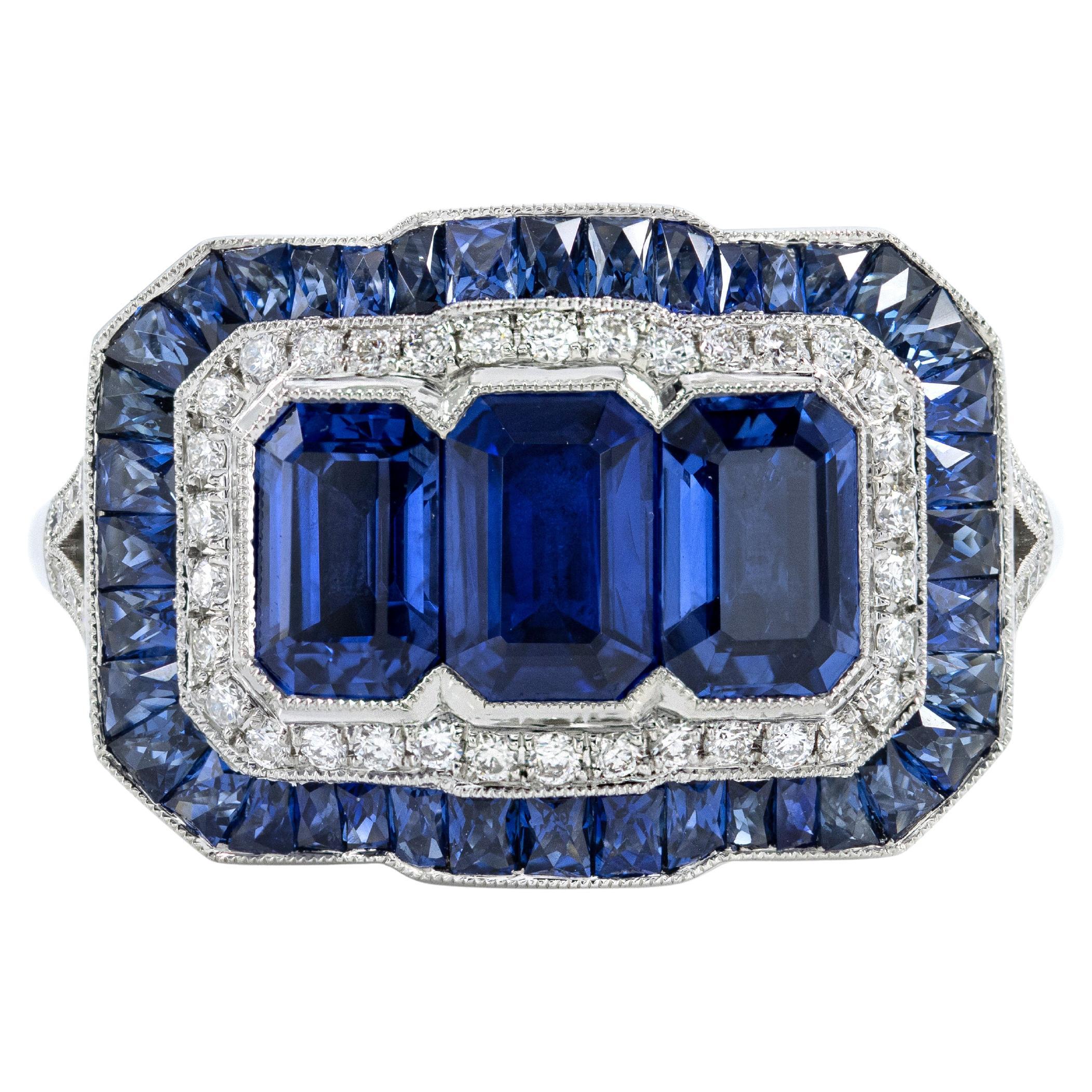 Roman Malakov Diamonds 2.01 Carats Total Emerald Cut Sapphires & Diamond Double Halo Ring (bague à double halo) en vente