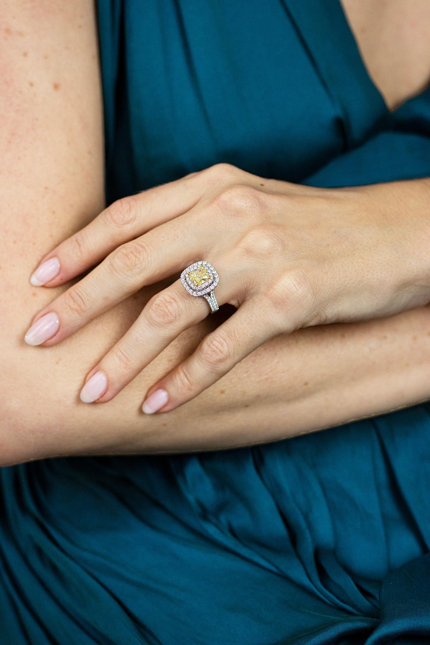 GIA Certified 2.02 Carats Fancy Yellow Diamond Double Halo Engagement Ring In New Condition For Sale In New York, NY
