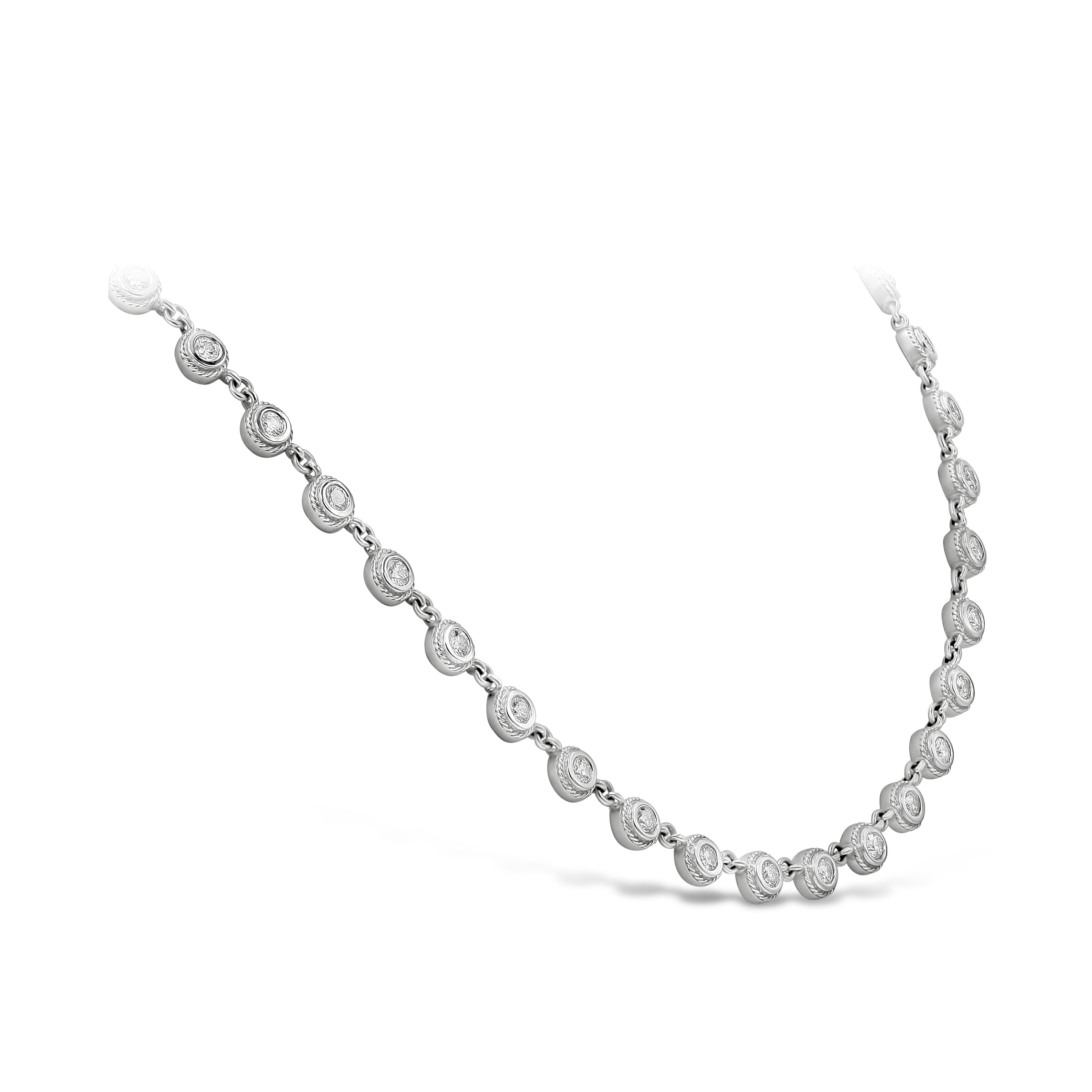 An antique style diamonds by the yard necklace showcasing a row of round brilliant diamonds, set in a rope design bezel made in 18k white gold. Each diamond is spaced evenly on an 18 inch white gold chain. Diamonds weigh 2.03 carats total.

Style
