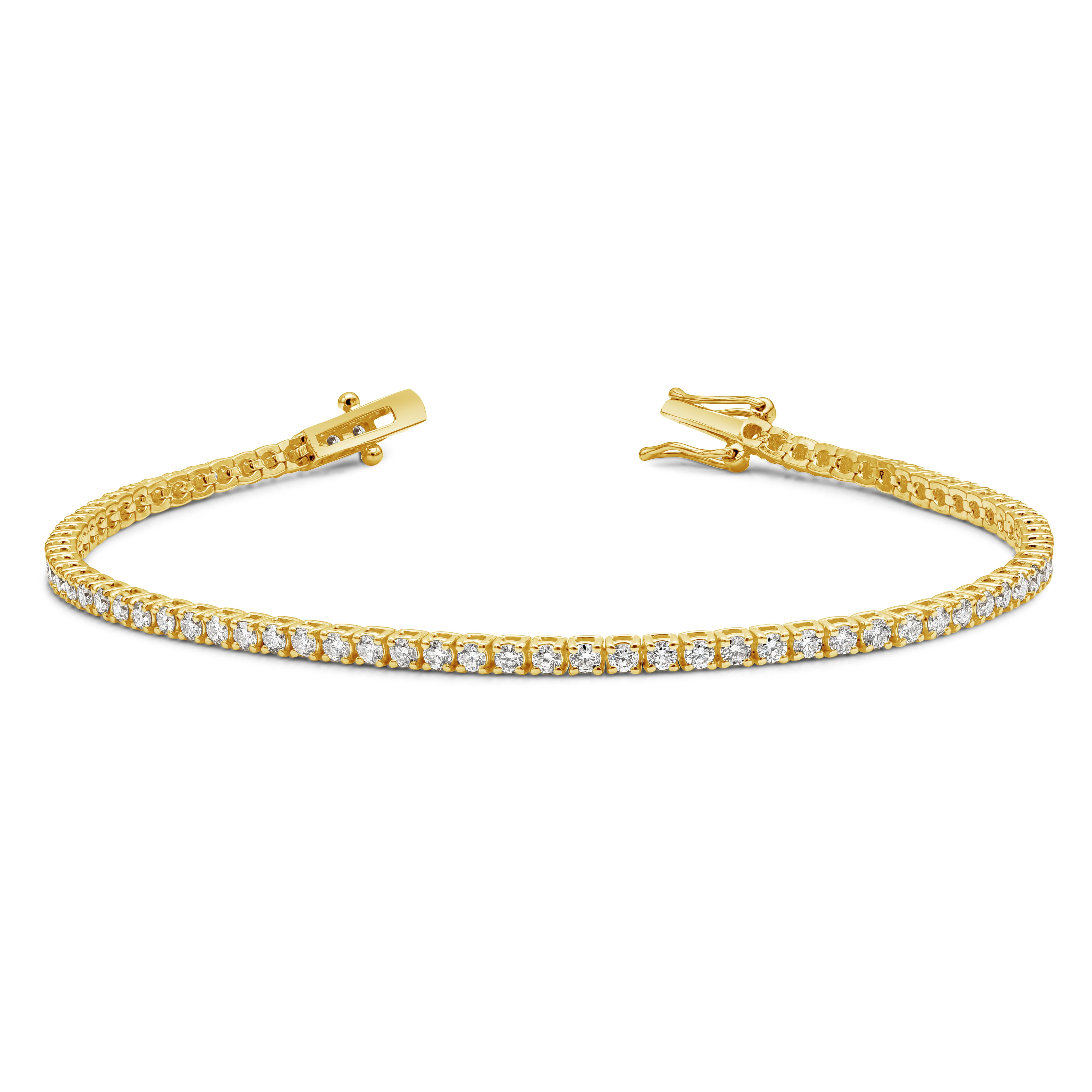 ﻿A classic tennis bracelet style showcasing 75 round brilliant diamonds weighing 2.04 carats total, F-G  Color and VS-SI in Clarity. Made with 18K Yellow Gold. 1.90mm Width and 7 inches in Length. 

Style available in different price ranges. Prices