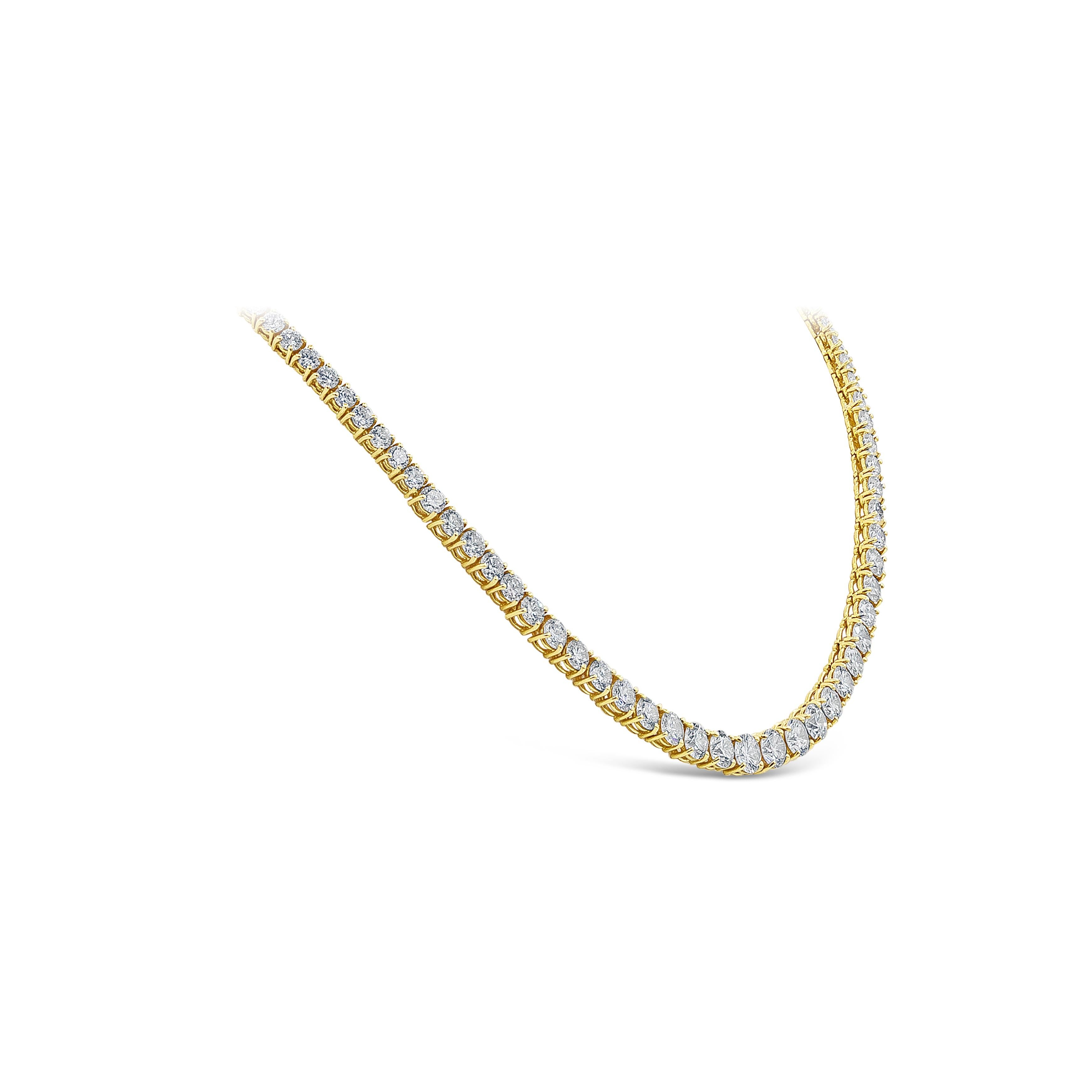 A classic and timeless piece of jewelry showcasing a row of graduating round brilliant diamonds weighing 20.47 carats total, set in a polished 18k yellow gold mounting. Length 16 inches. 

Roman Malakov is a custom house, specializing in creating