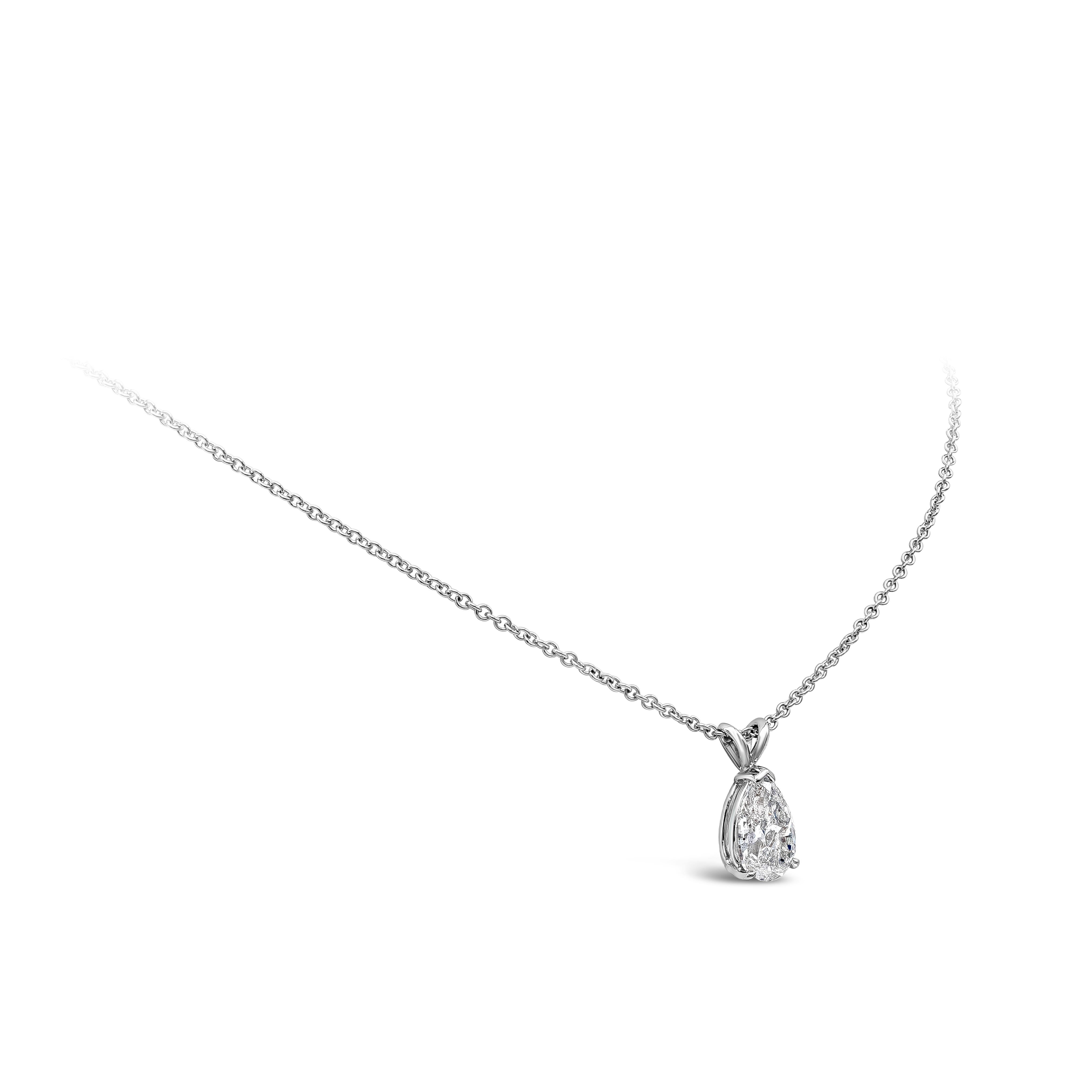A timeless pendant necklace style showcasing a single 2.05 carat pear shape diamond, set in a 14k white gold mounting. Diamond is approximately G color. Suspended on a 18 inch white gold chain.

Style available in different price ranges. Prices are