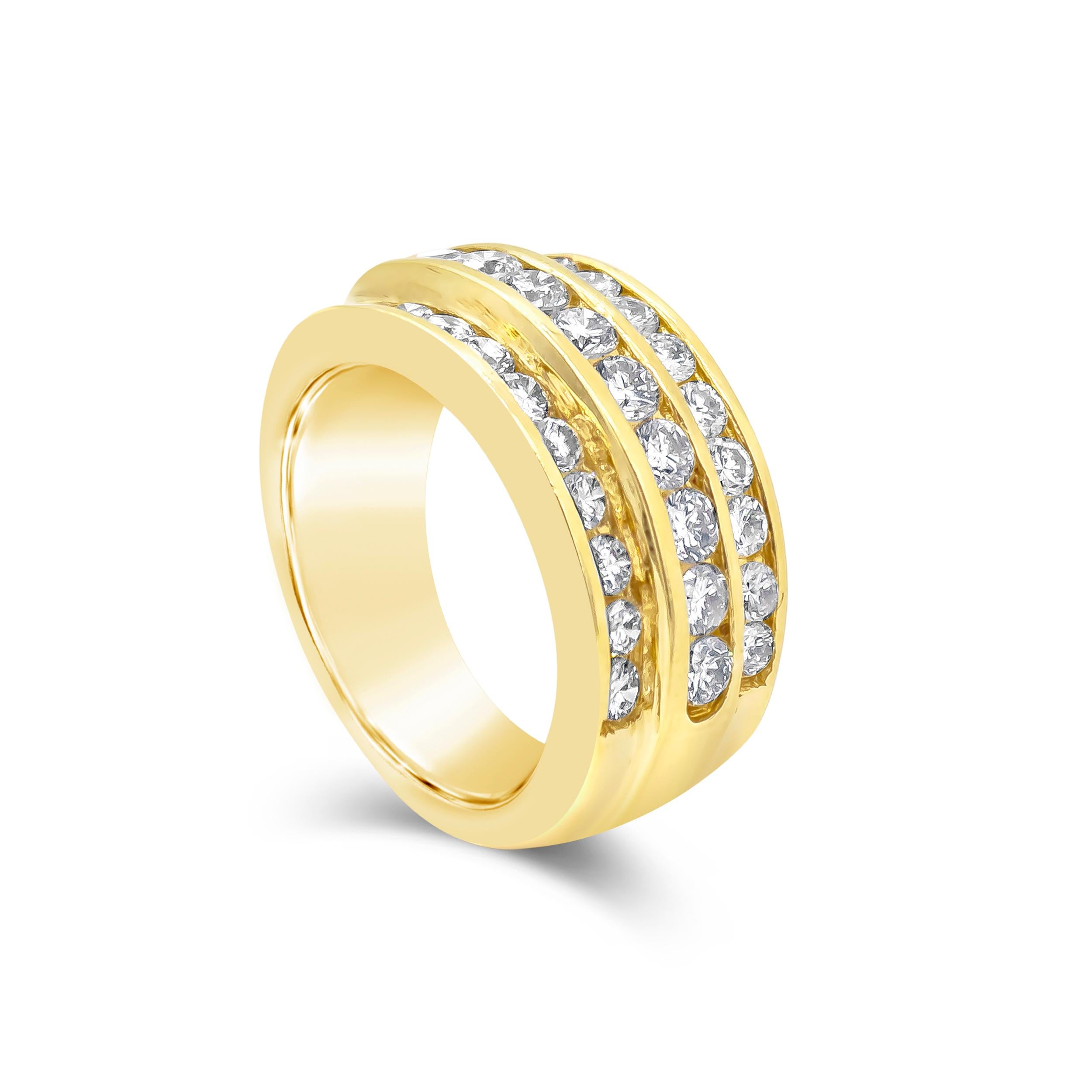 A fashionable wedding band showcasing three rows of 29 brilliant round diamonds stacked and set half-way. Diamonds weigh 2.05 carat. Made with 14K Yellow Gold. Size 7.5 US.

Roman Malakov is a custom house, specializing in creating anything you can