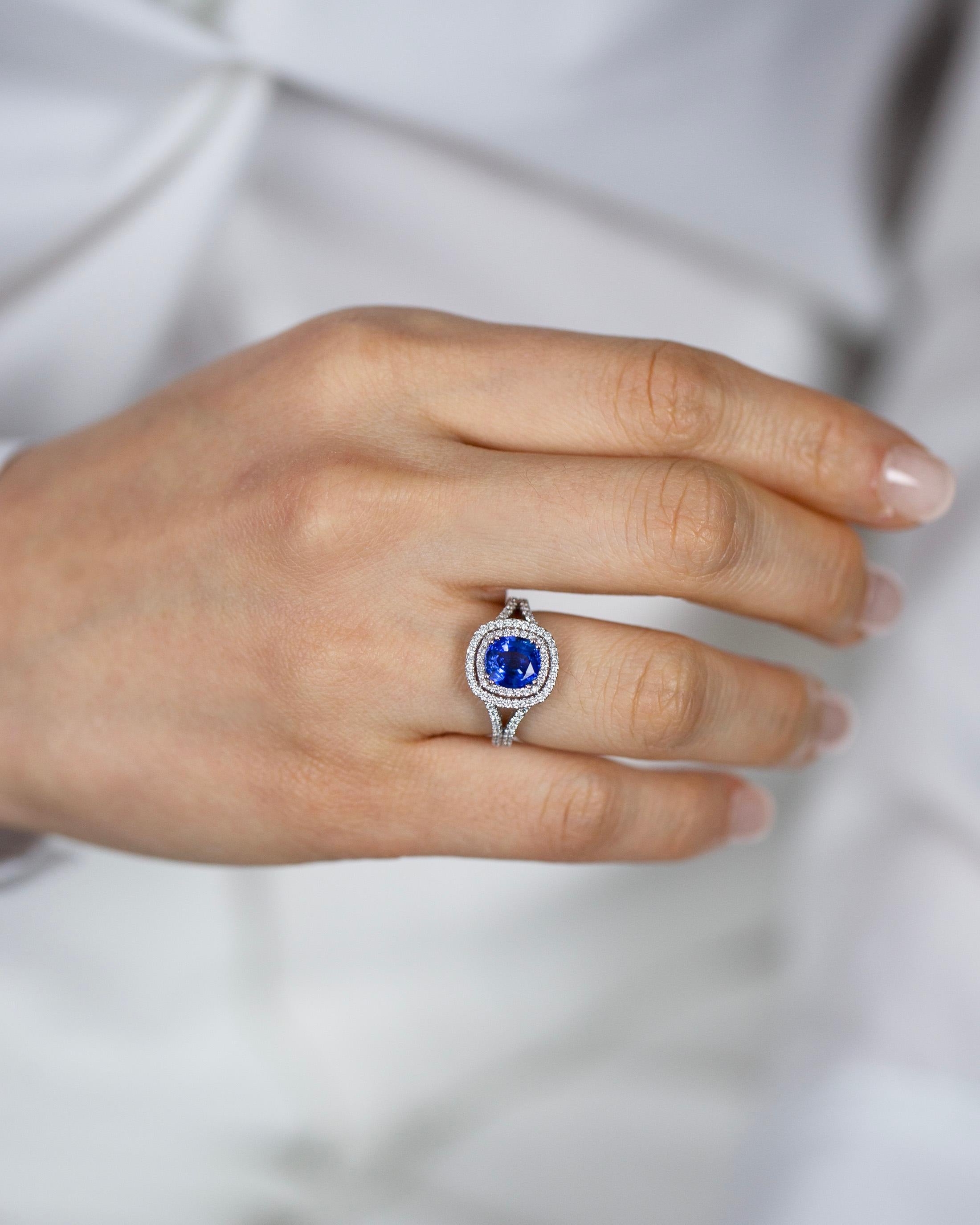 Contemporary Roman Malakov 2.06 Carats Cushion Cut Blue Sapphire & Diamond Engagement Ring