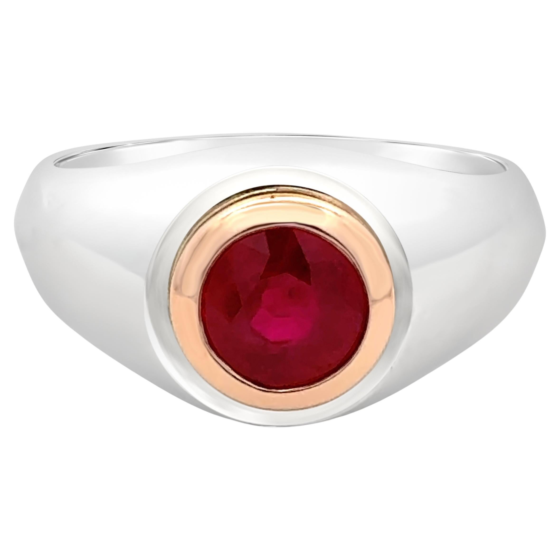 Roman Malakov 2.06 Carats Round Cut Burmese Ruby Bezel-Set Unisex Fashion Ring For Sale