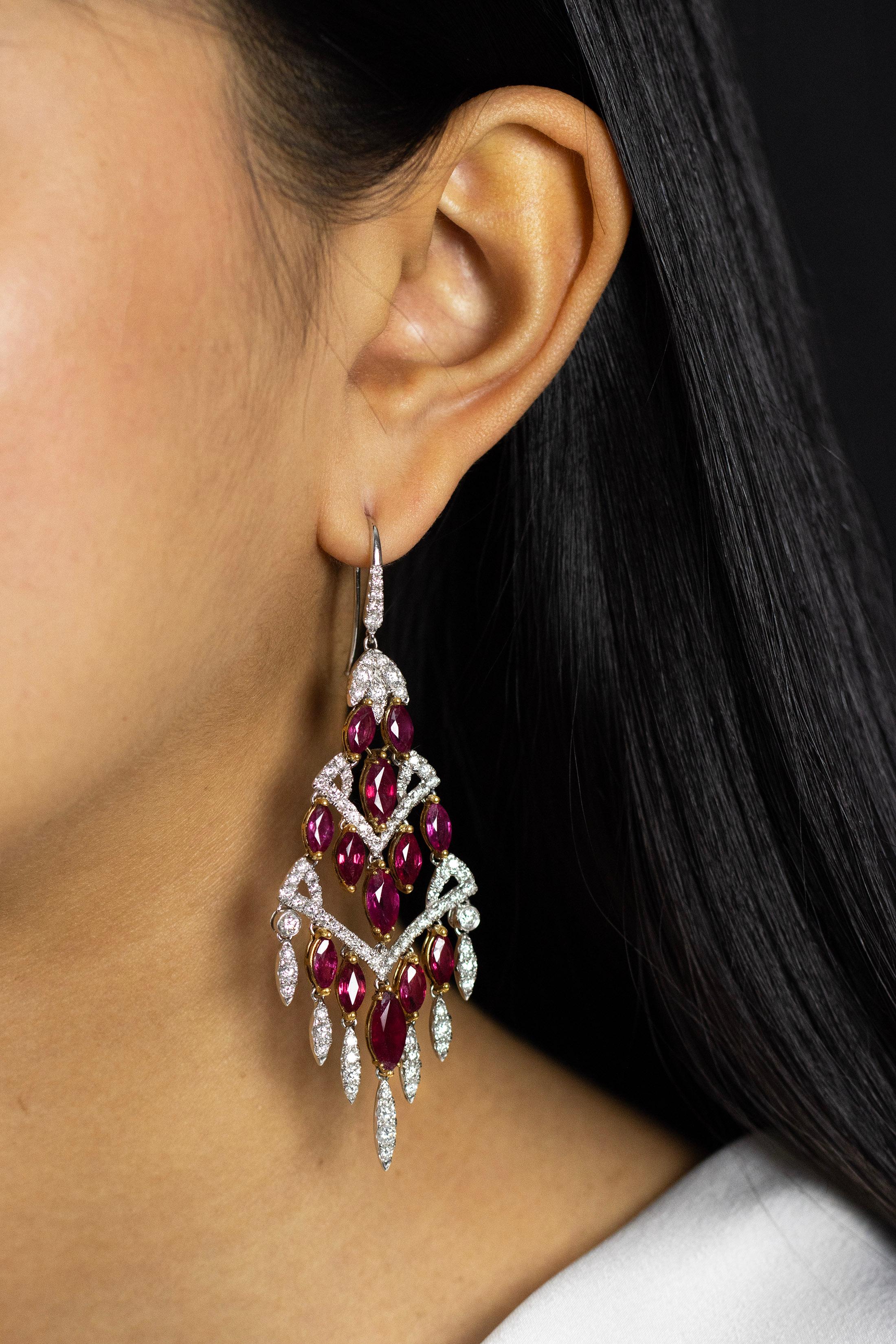 Roman Malakov 20.71 Carats Total Marquise Cut Ruby & Diamond Chandelier Earrings For Sale 1