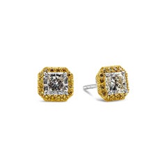 GIA Certified 1.73 Carat Total Radiant Cut Diamond Yellow Halo Stud Earrings