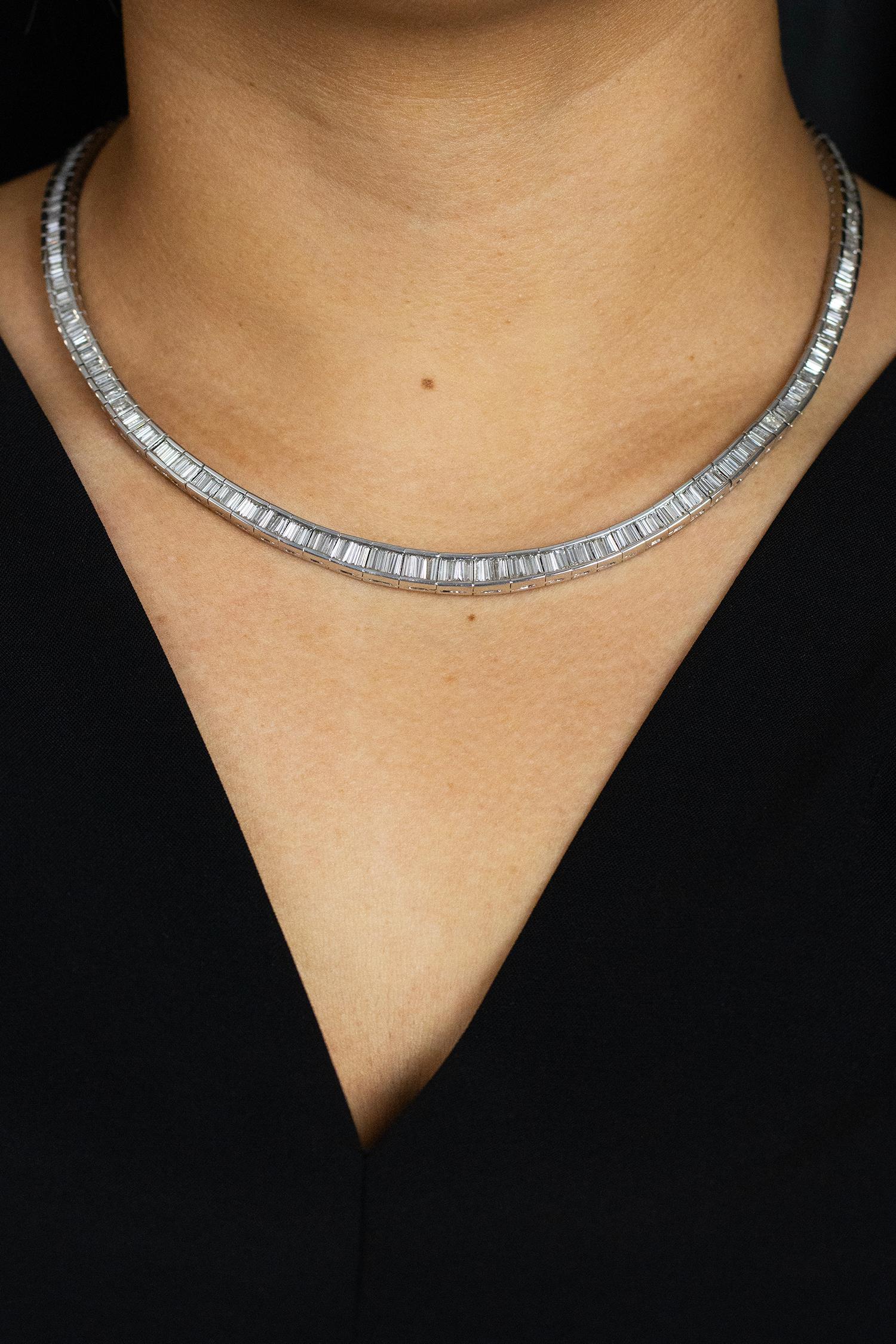 21.15 Carats Total Baguette Cut Diamond Tennis Necklace in Platinum In New Condition In New York, NY