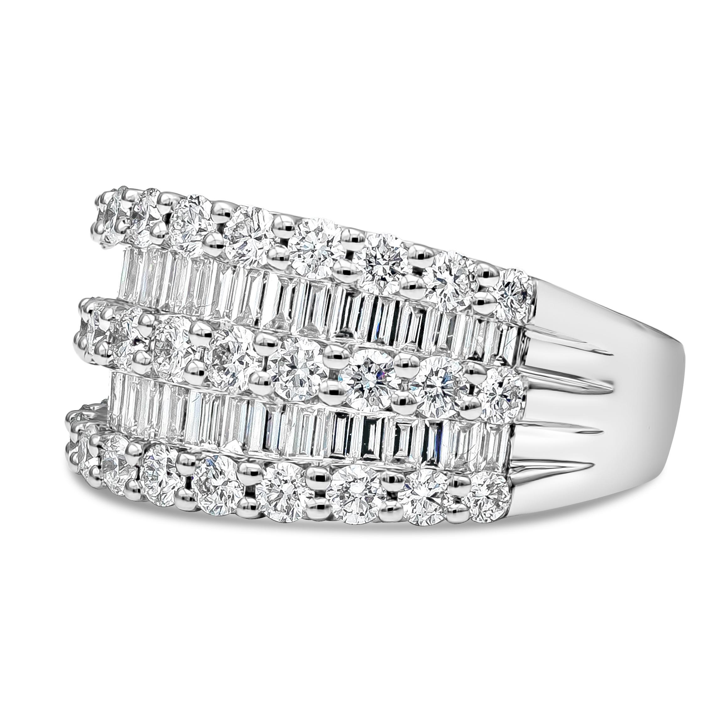 A wide fashion ring, showcasing 40 baguette cut diamonds weighing 0.85 carat total with F color and VS clarity, elegantly graduating in size of approximately 9 mm to 11.15 mm. Designed with three rows of 33 round brilliant cut diamonds weighing 1.28