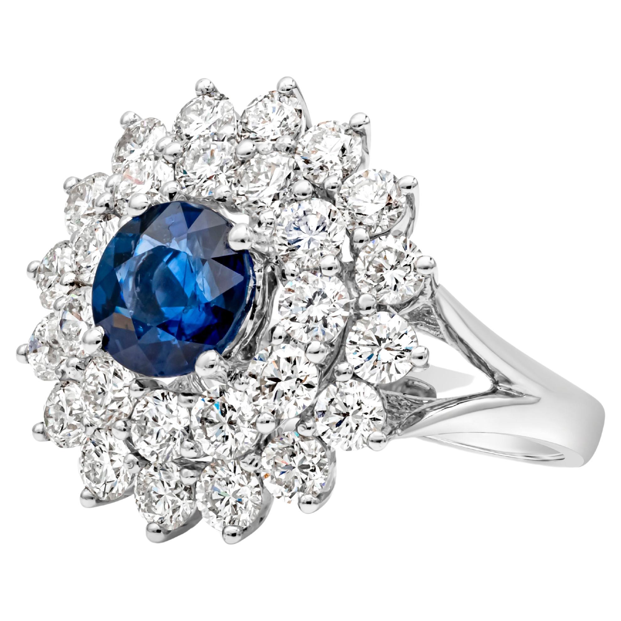 Roman Malakov 2.13 Carats Blue Sapphire and Diamond Double Halo Engagement Ring For Sale
