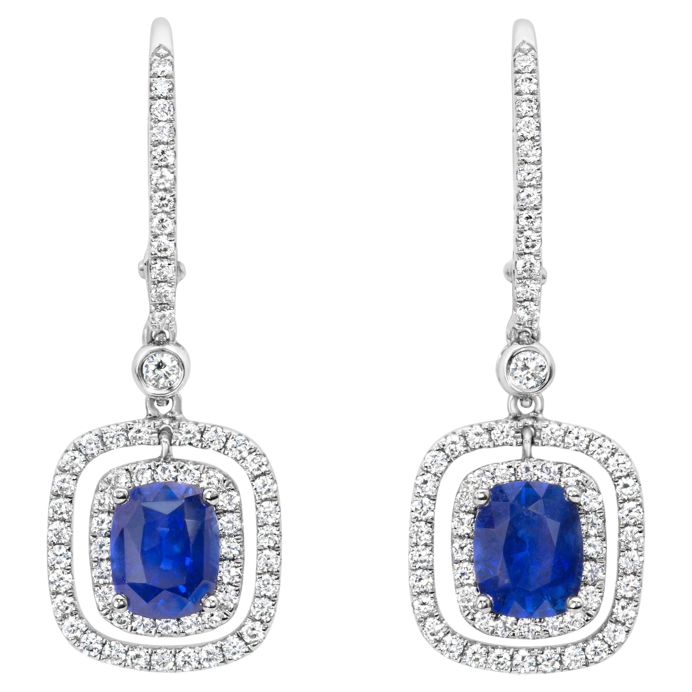 Roman Malakov 2.19 Carats Cushion Cut Sapphire & Diamond Halo Dangle Earrings