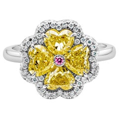 2.21 Carats Heart Shape Fancy Intense Yellow Diamond Clover Leaf Fashion Ring
