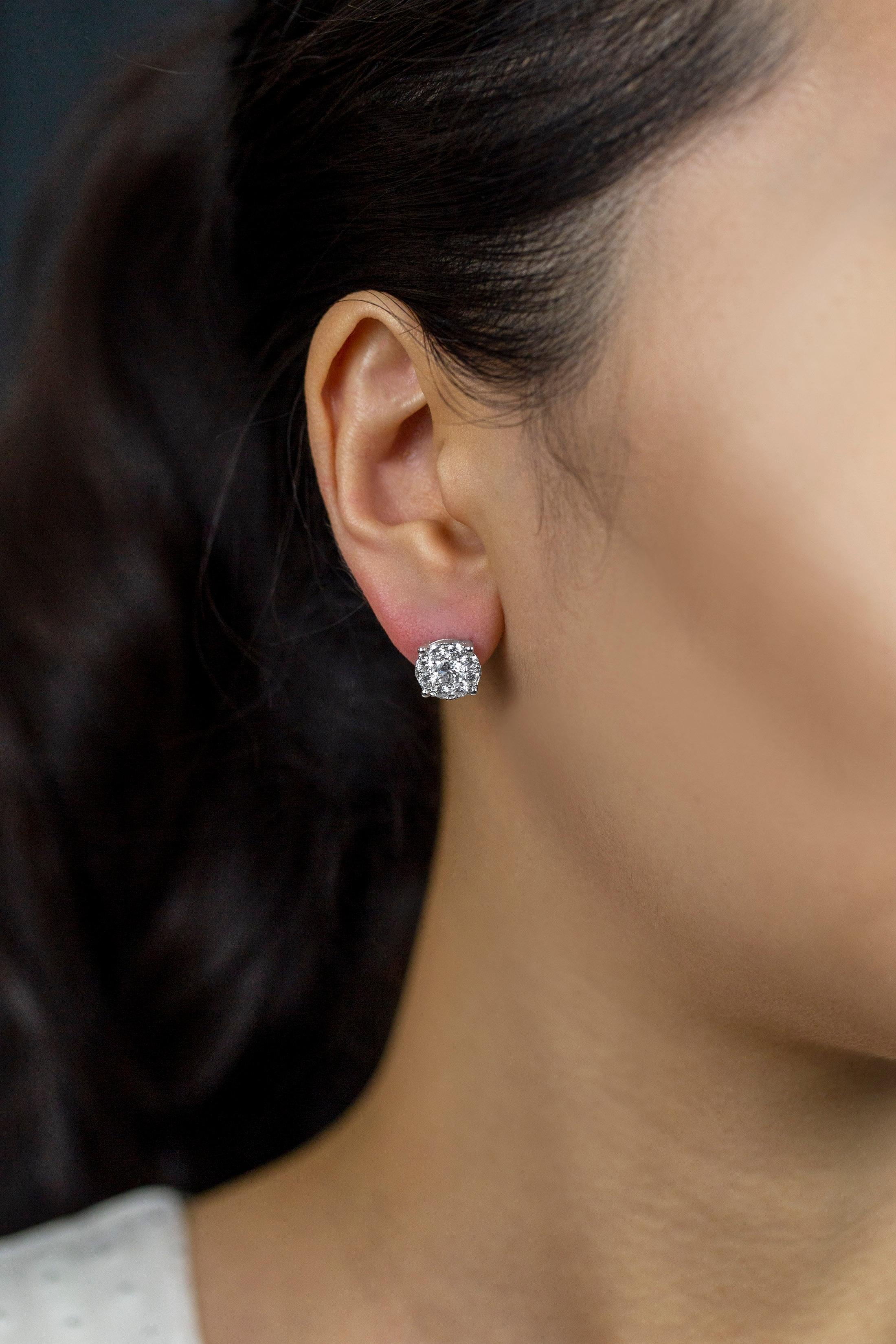 Contemporary Roman Malakov 2.24 Carat Total Round Diamond Cluster Illusion Stud Earrings For Sale