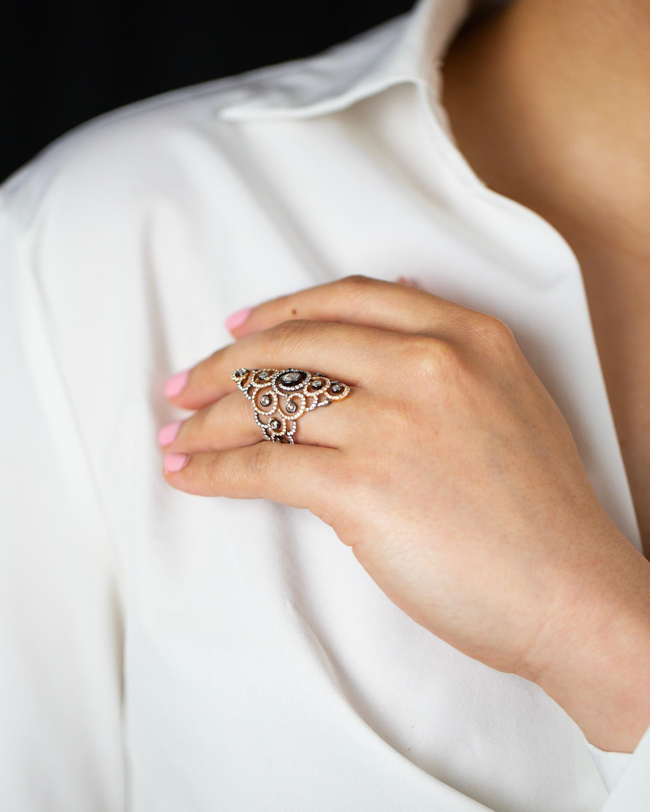 Modern Roman Malakov 2.25 Carat Total Rose & Round Cut Diamond Filigree Fashion Ring For Sale